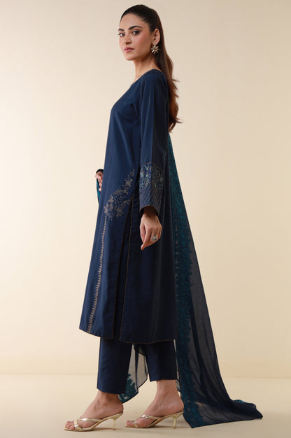 Stitched 3 Piece Embroidered Cotton Silk Suit
