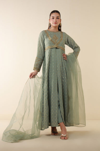 Stitched 3 Piece Embroidered Zari Jacquard Outfit