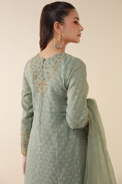 Stitched 3 Piece Embroidered Zari Jacquard Outfit