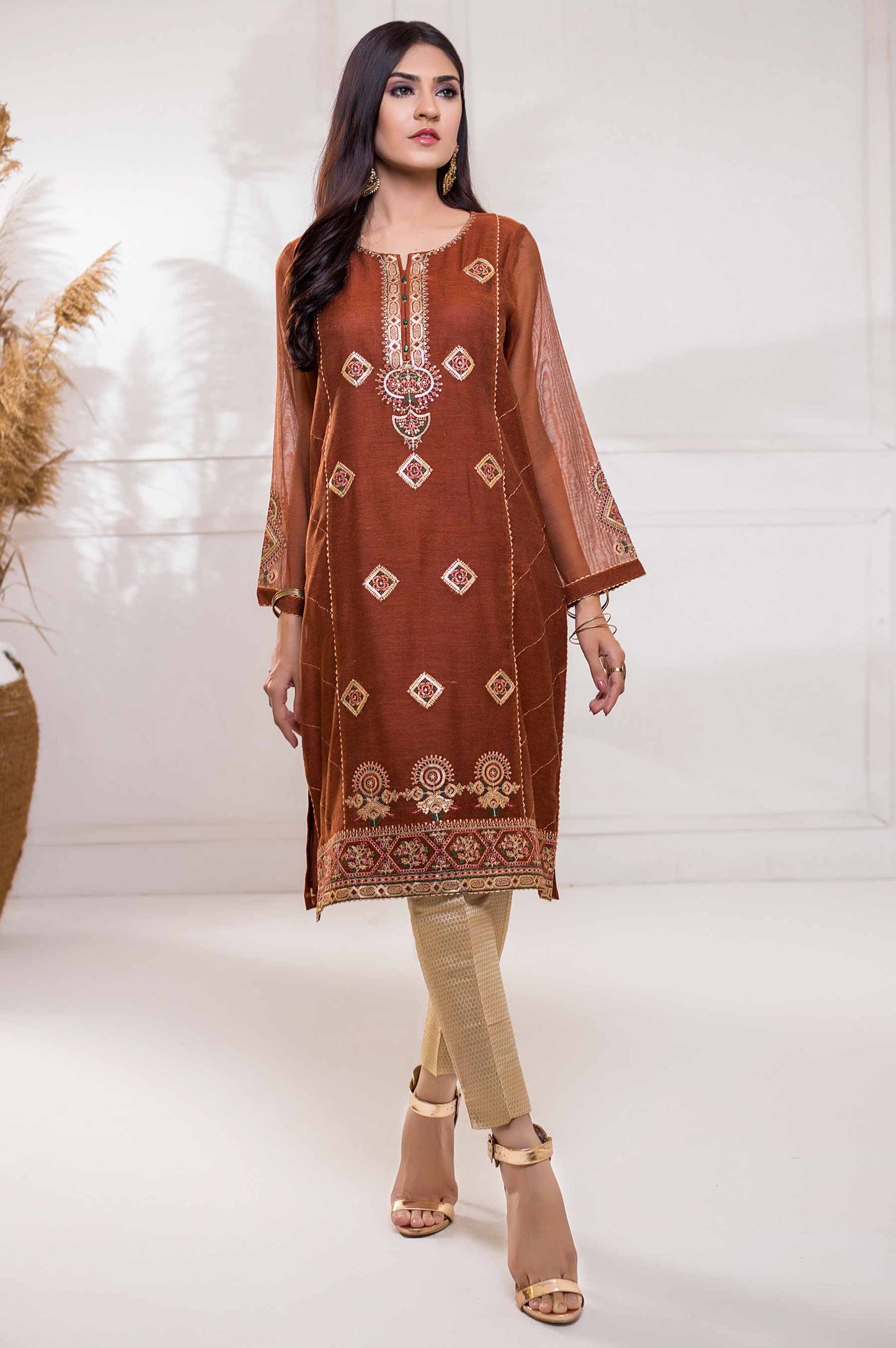 Stitched 1 Piece Khaddi Net Embroidered Shirt