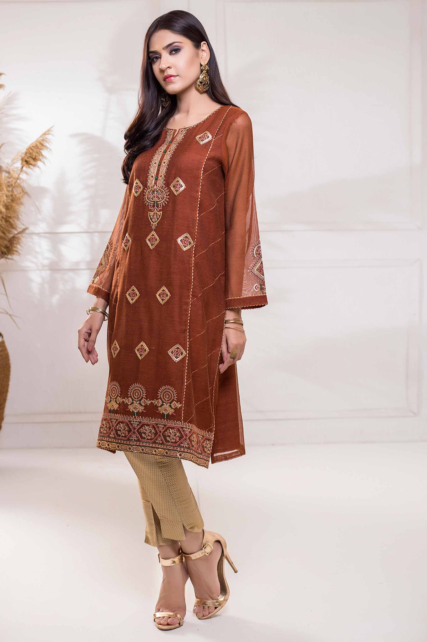 Stitched 1 Piece Khaddi Net Embroidered Shirt