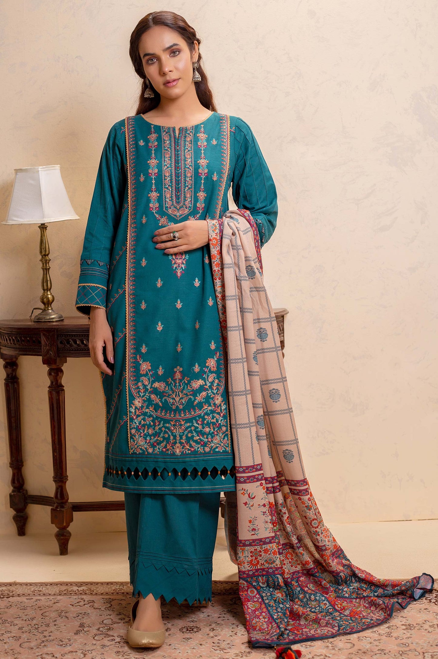 Unstitched 3 Piece Embroidered Khaddar with Viscose Shawl Suit