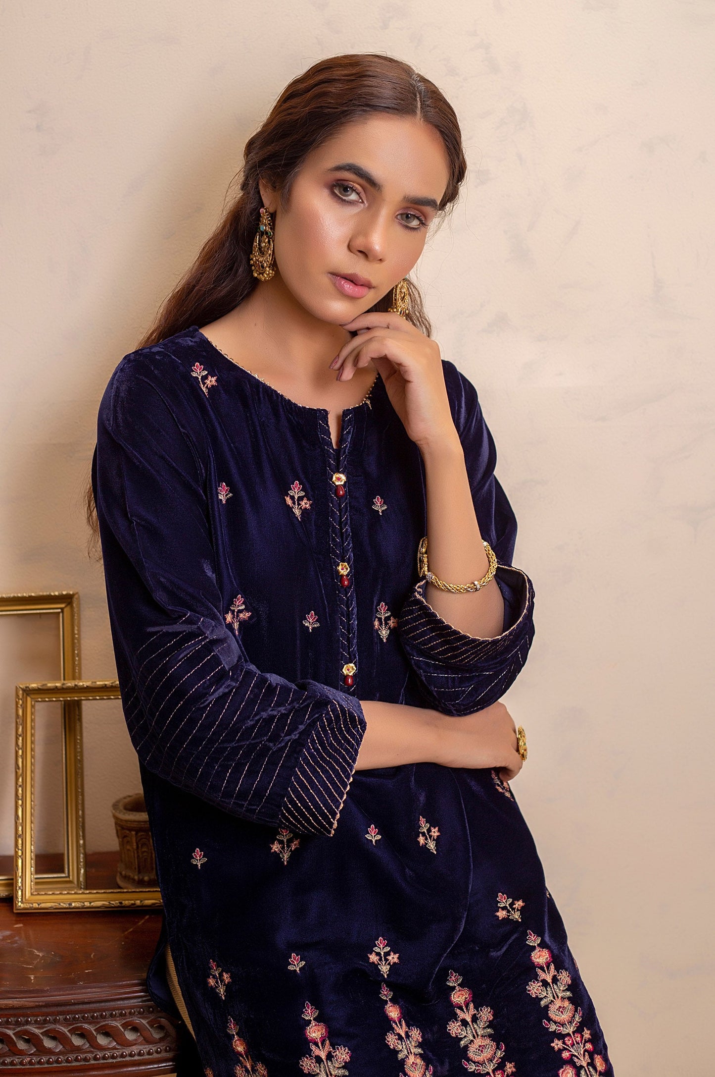 Stitched 1 Piece Velvet Embroidered Shirt