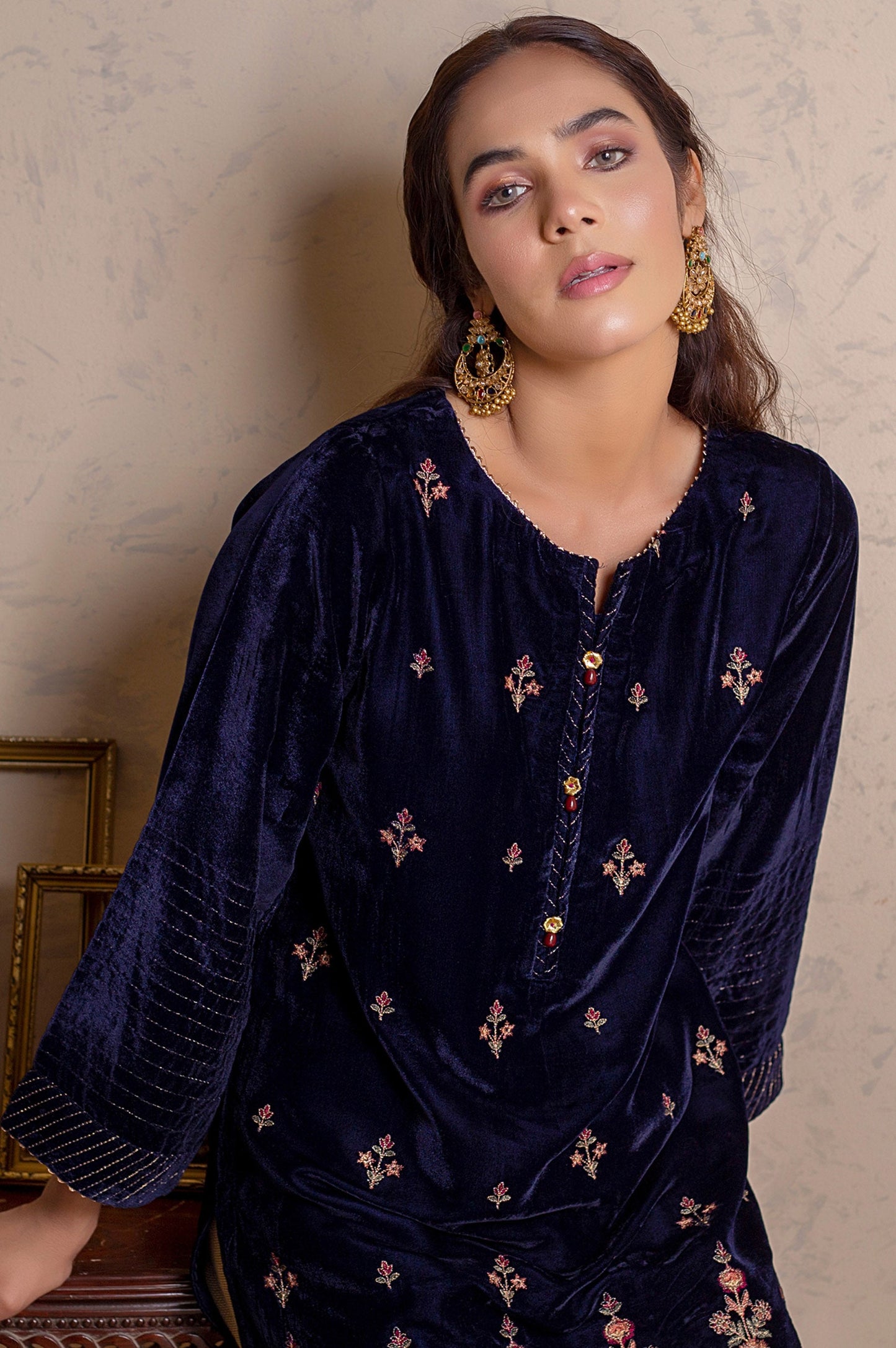 Stitched 1 Piece Velvet Embroidered Shirt