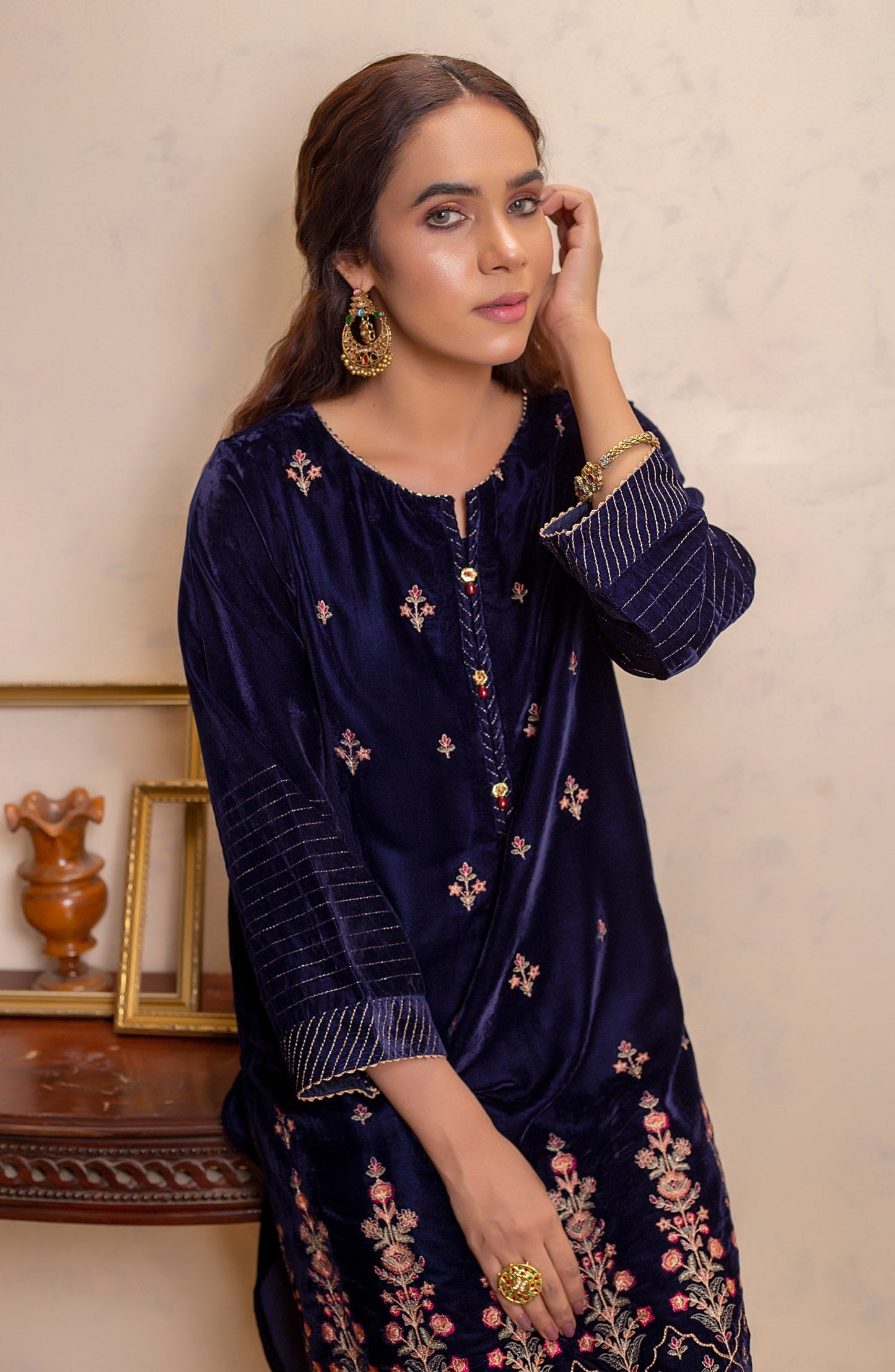 Stitched 1 Piece Velvet Embroidered Shirt