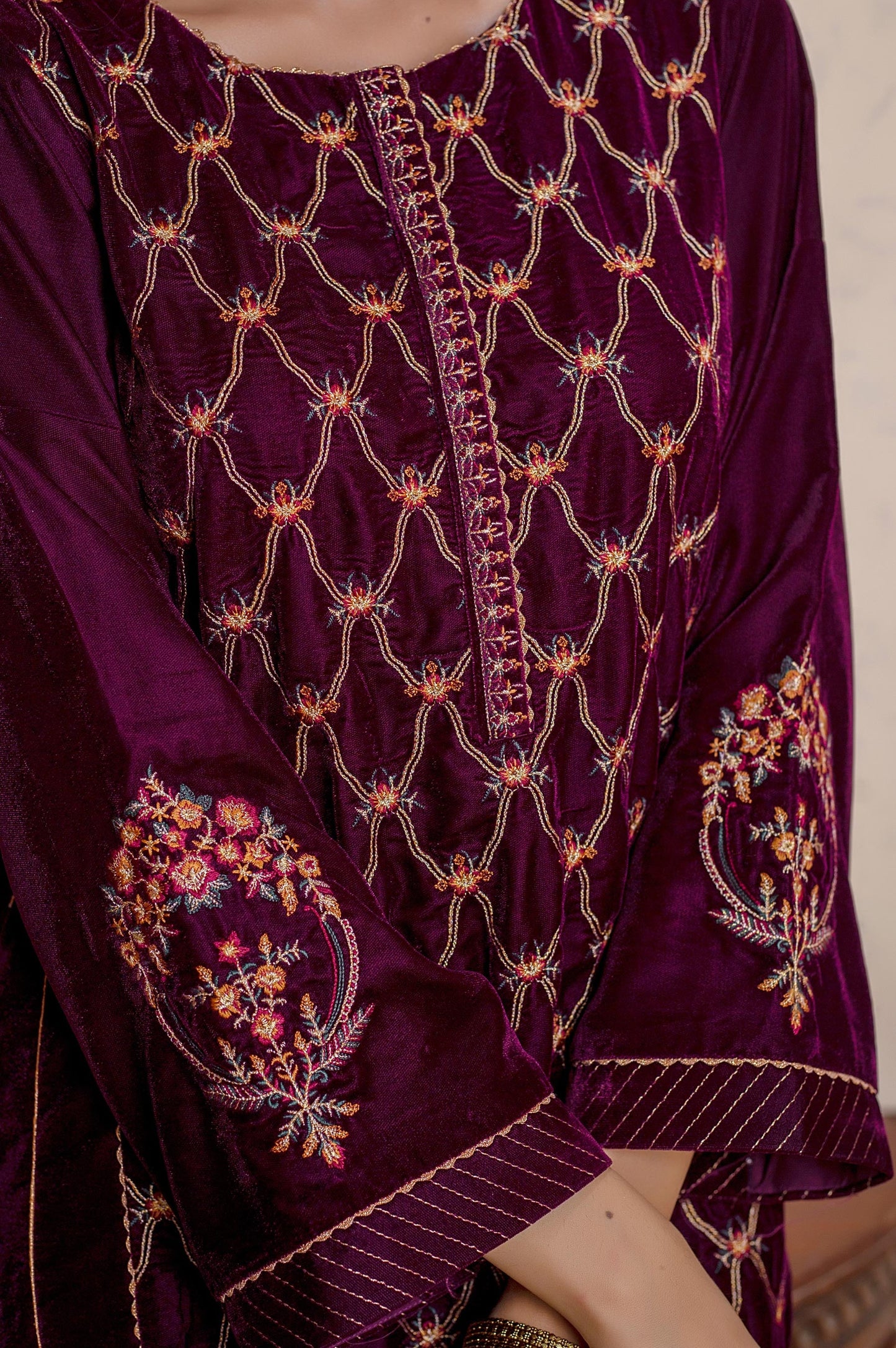 Stitched 1 Piece Velvet Embroidered Shirt