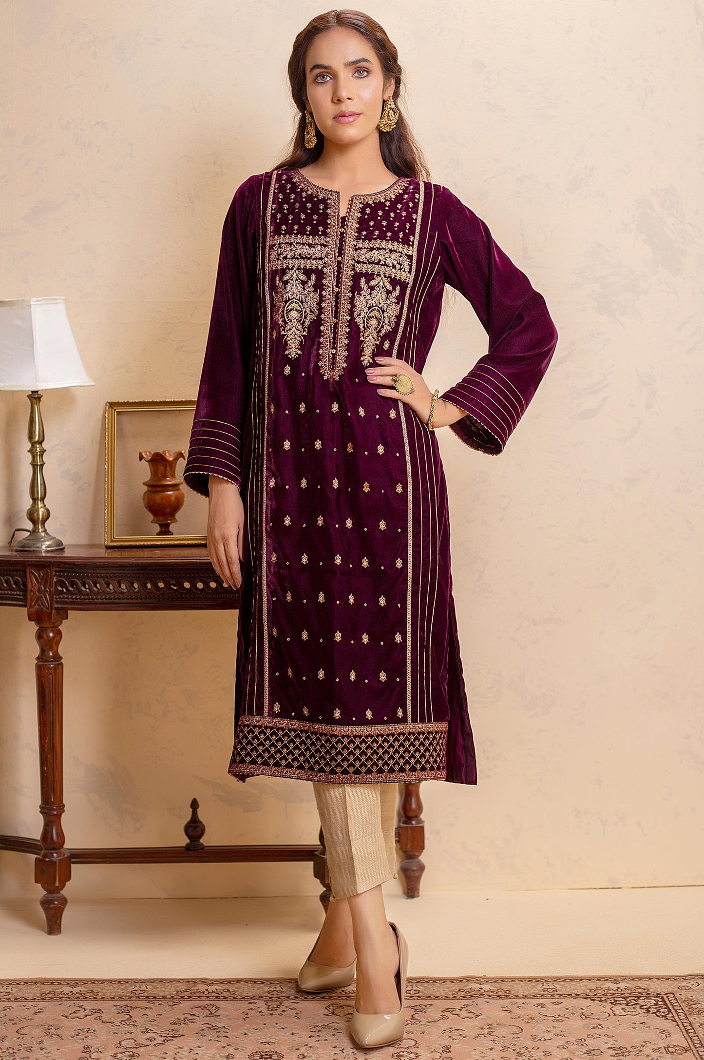 Stitched 1 Piece Velvet Embroidered Shirt