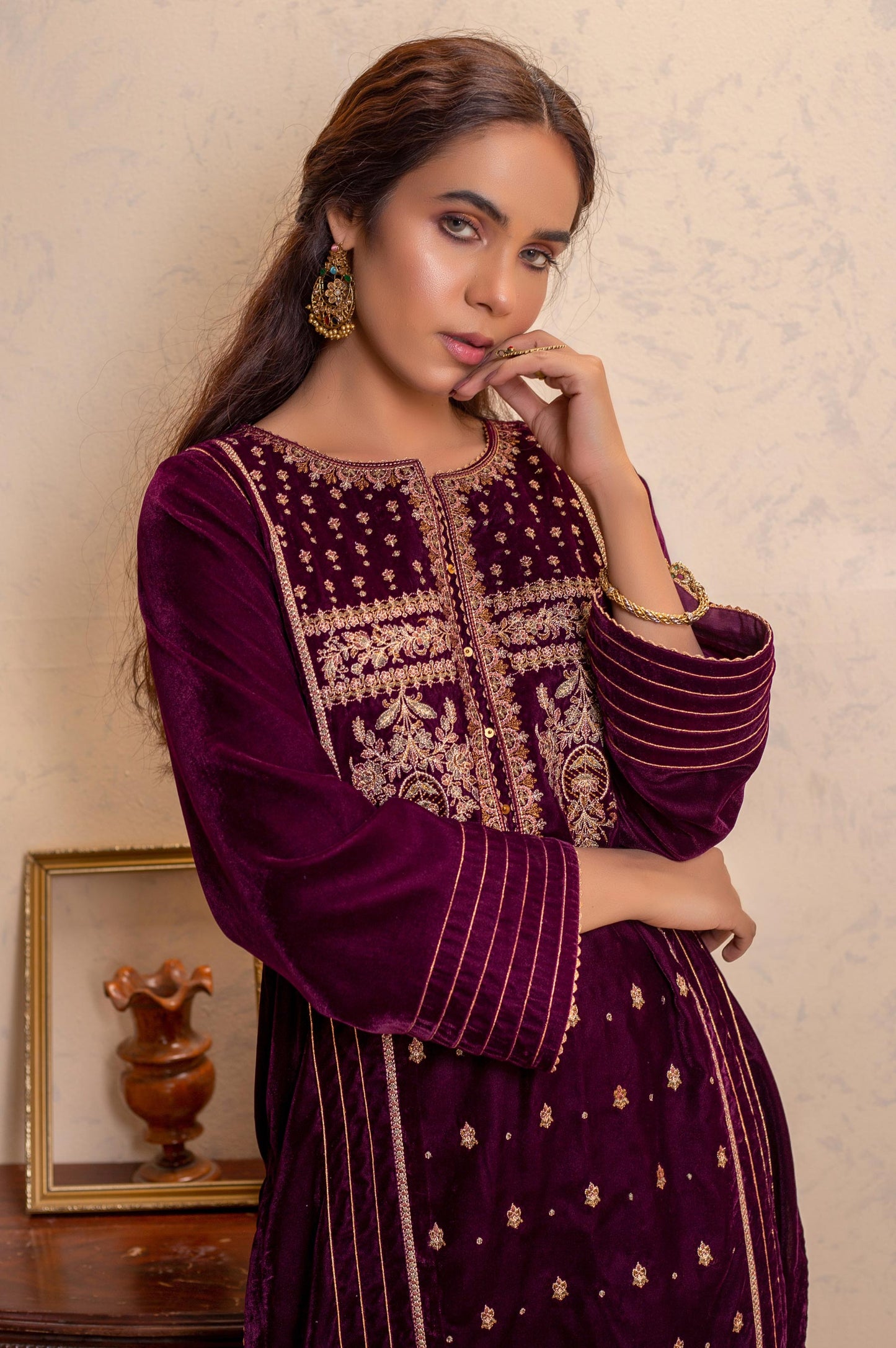 Stitched 1 Piece Velvet Embroidered Shirt