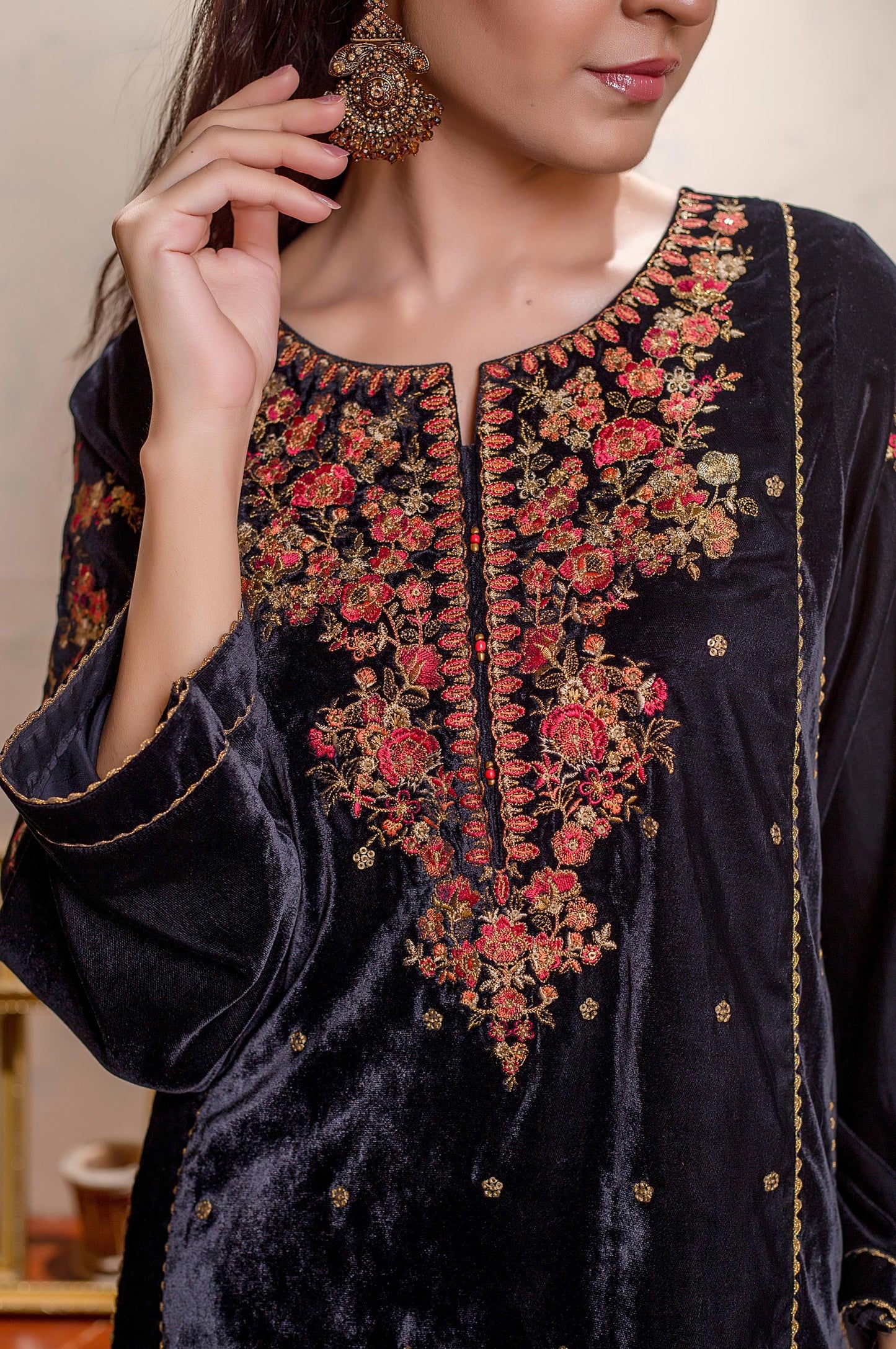 Stitched 2 Piece Velvet Embroidered Suit