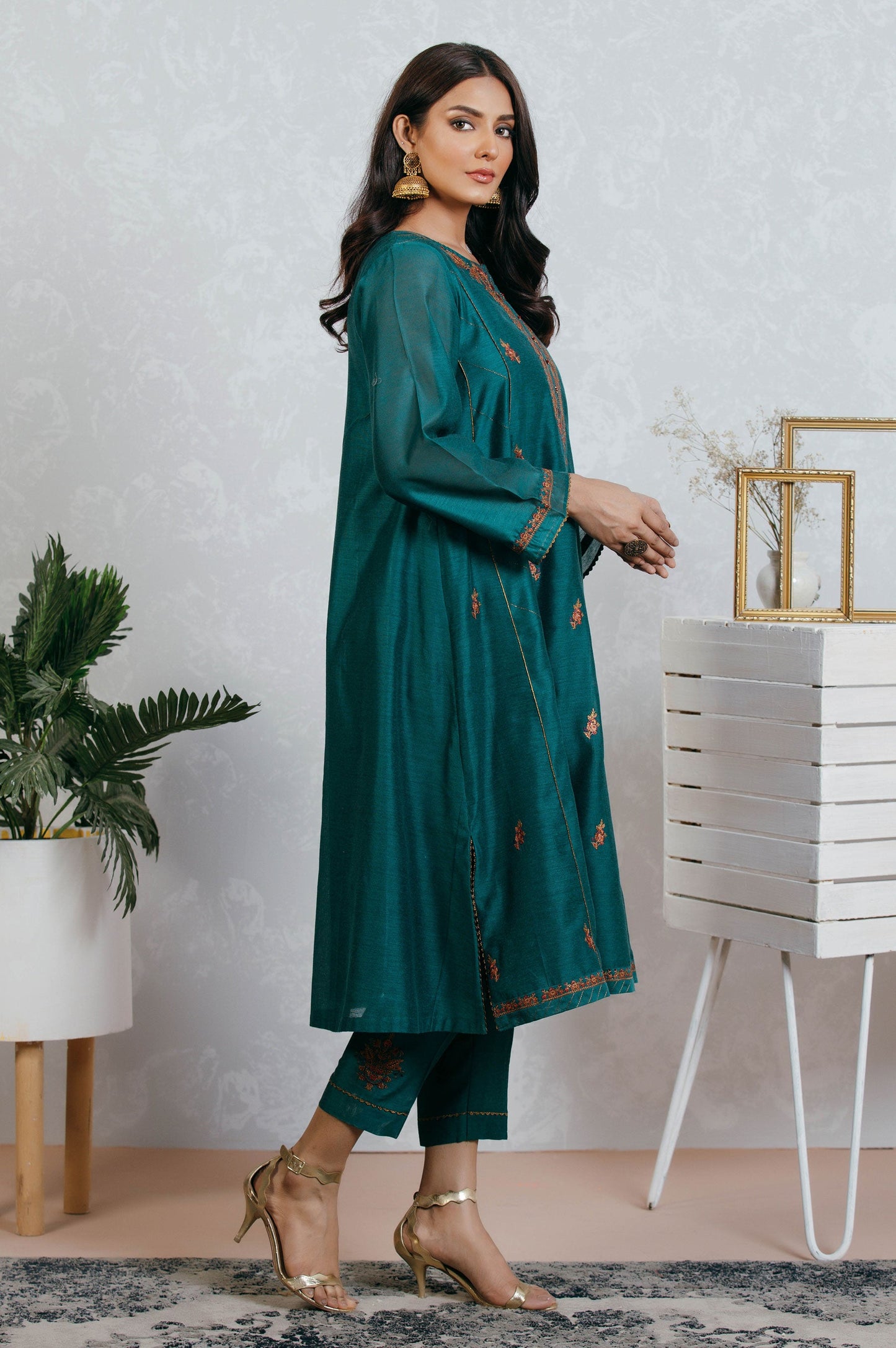 Stitched 2 Piece Cotton Net Embroidered Suit