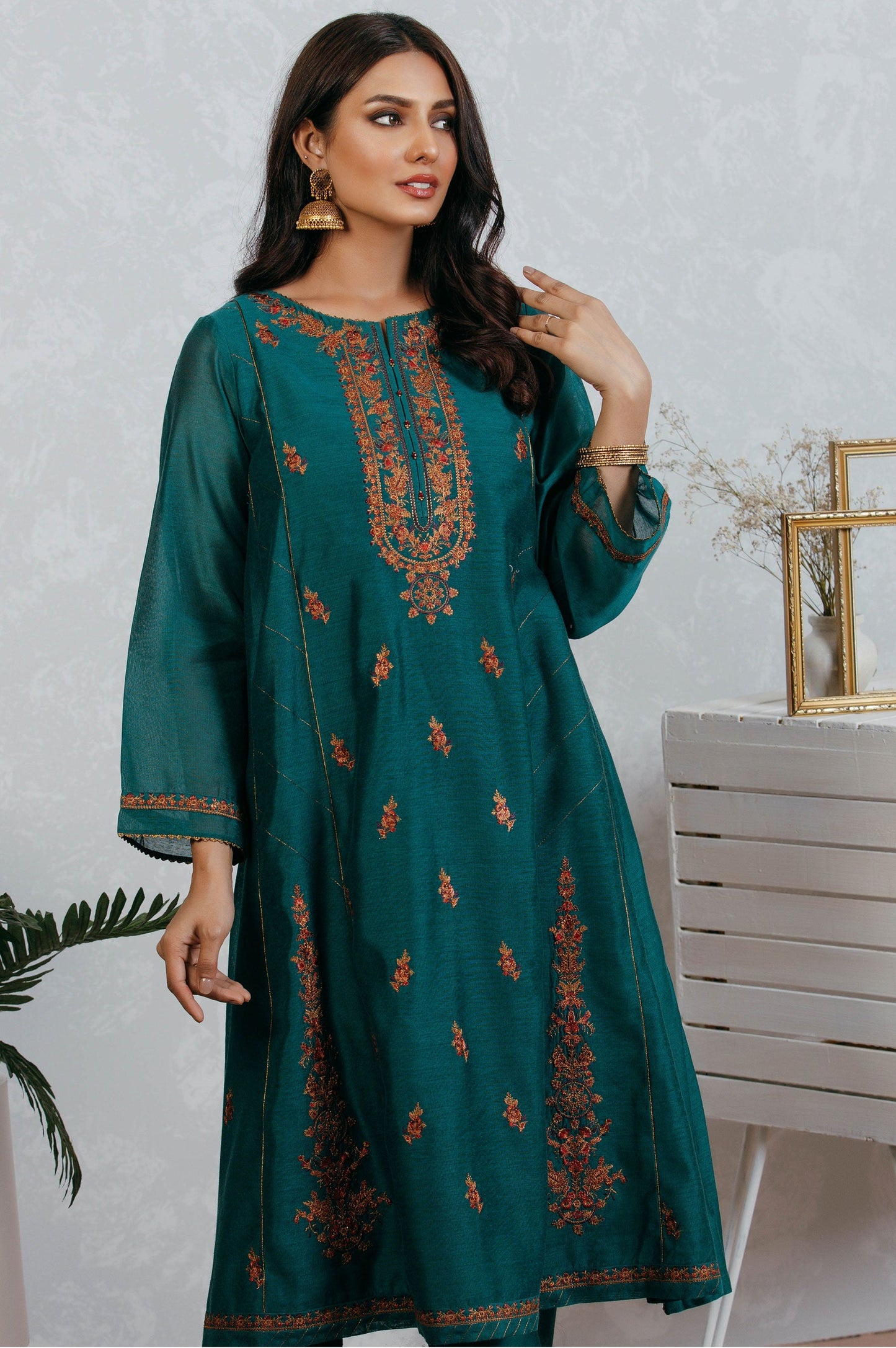 Stitched 2 Piece Cotton Net Embroidered Suit