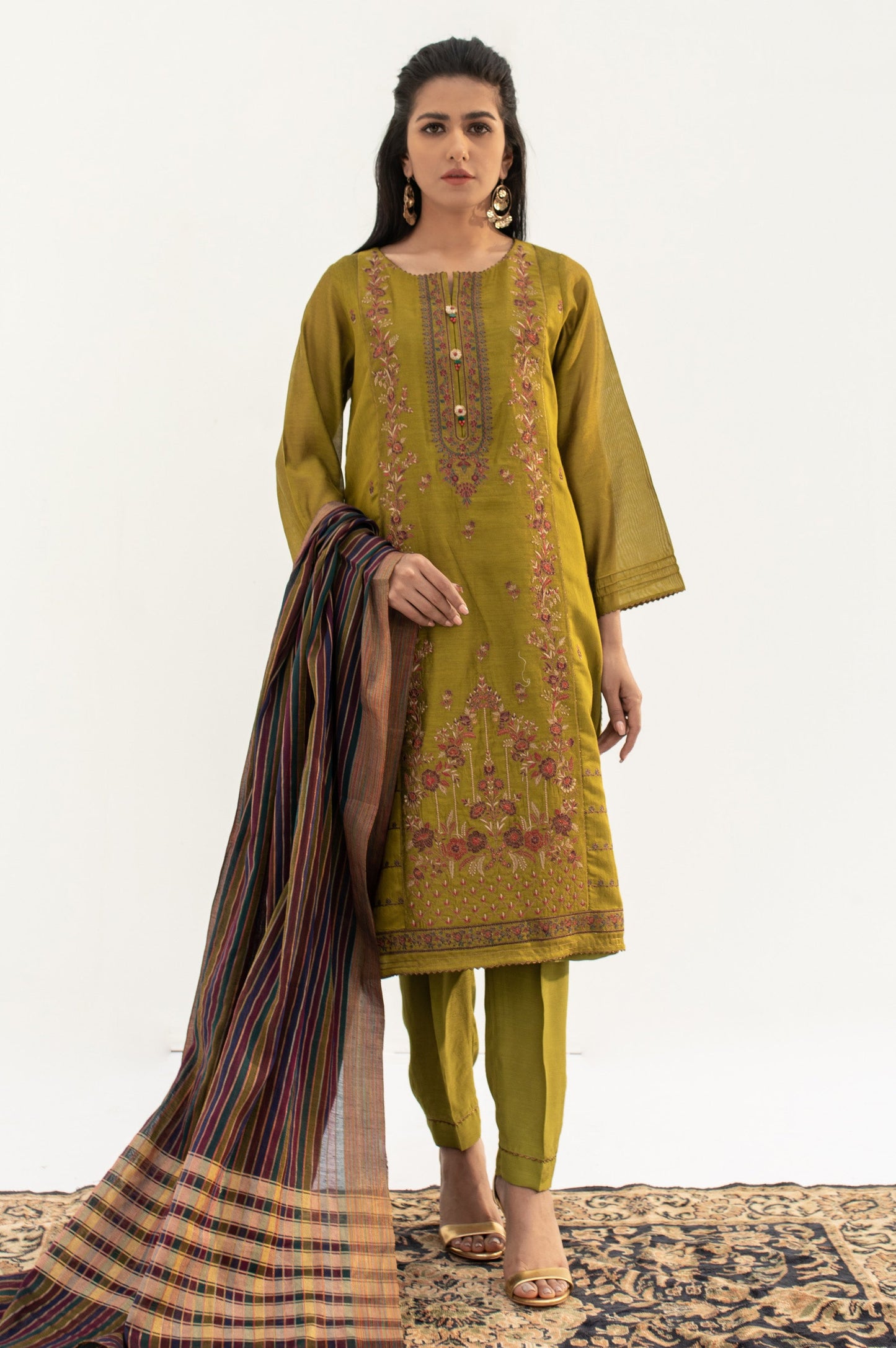 Stitched 2 Piece Cotton Net Embroidered Suit