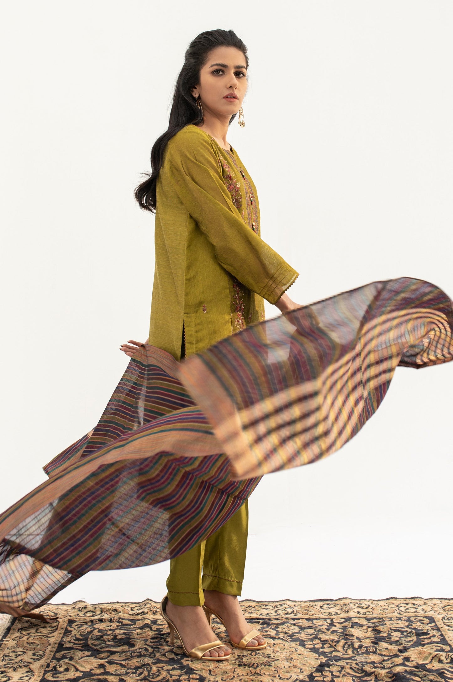 Stitched 2 Piece Cotton Net Embroidered Suit