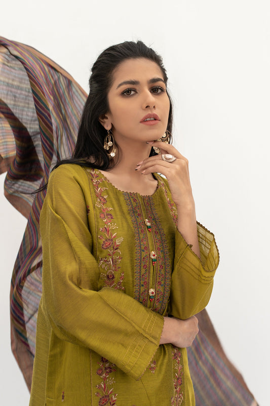 Stitched 2 Piece Cotton Net Embroidered Suit
