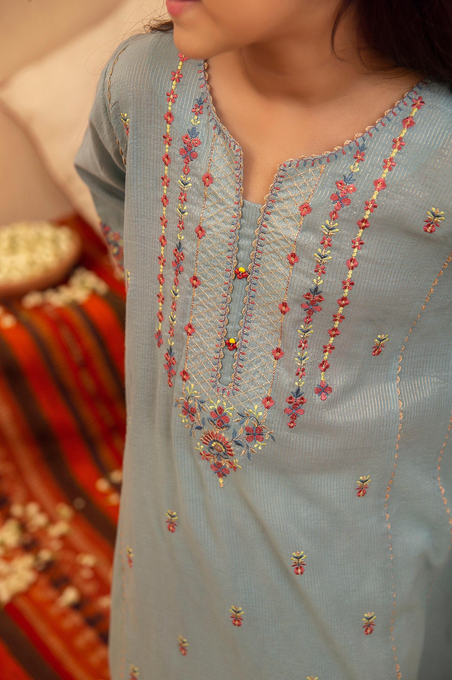 Stitched 2 Piece Embroidered Suit- Zari Stripe