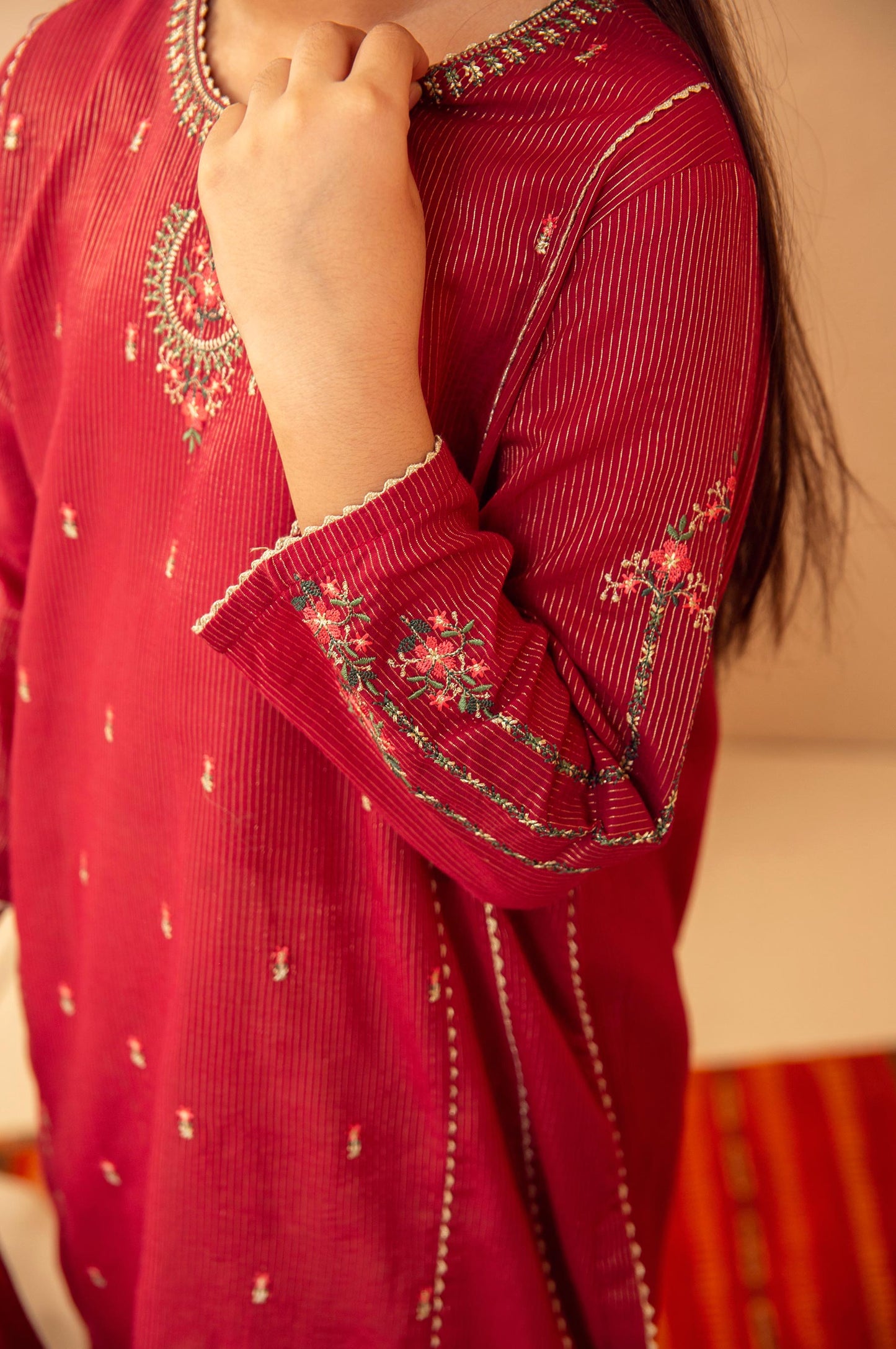 Stitched 2 Piece Embroidered Suit- Zari Stripe