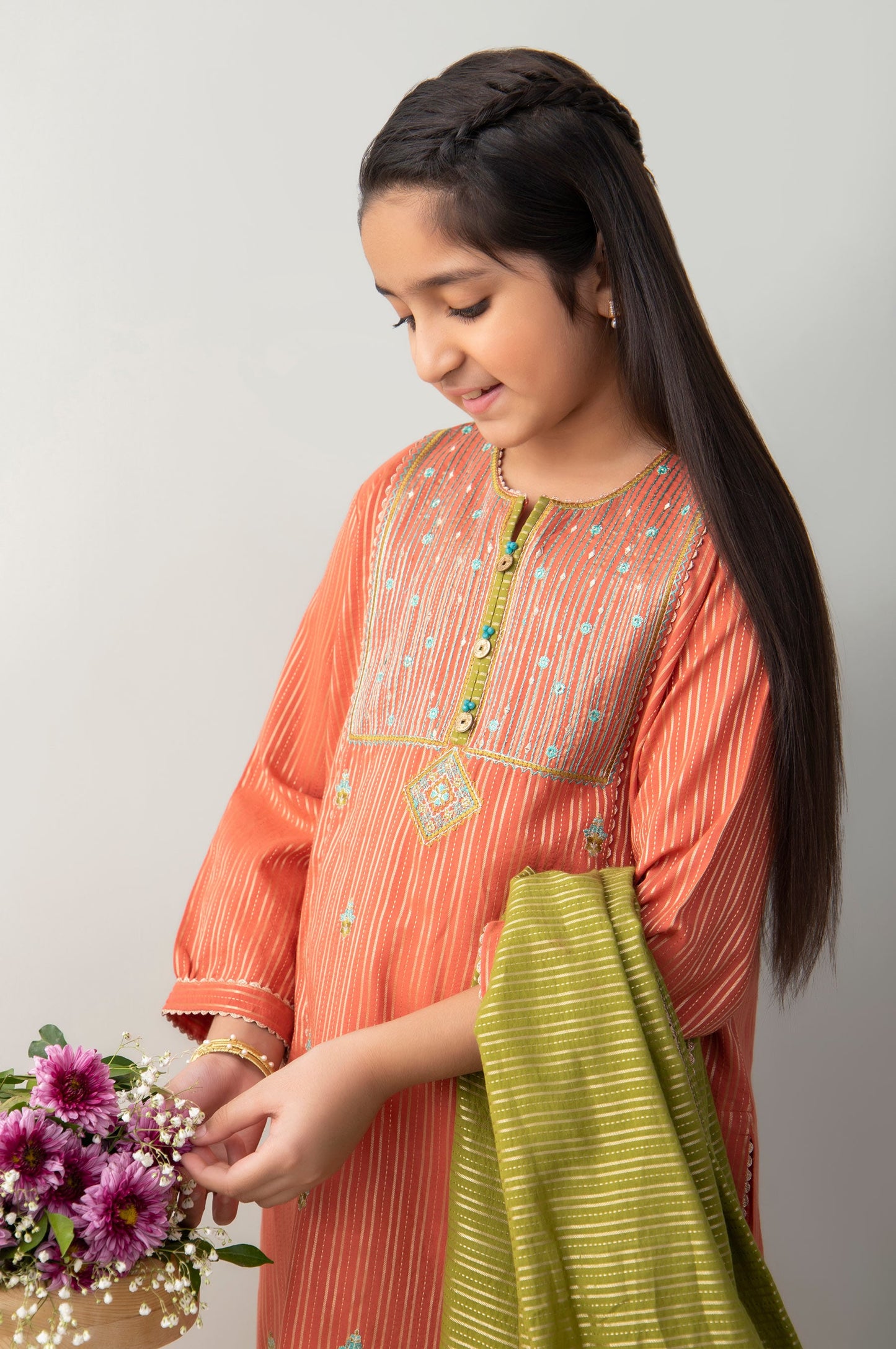 Stitched 2 Piece Embroidered Zari Stripe Junior Suit