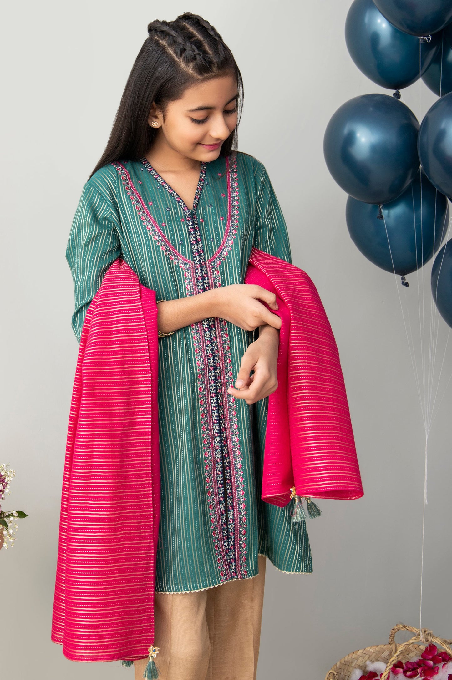 Stitched 2 Piece Embroidered Zari Stripe Junior Suit