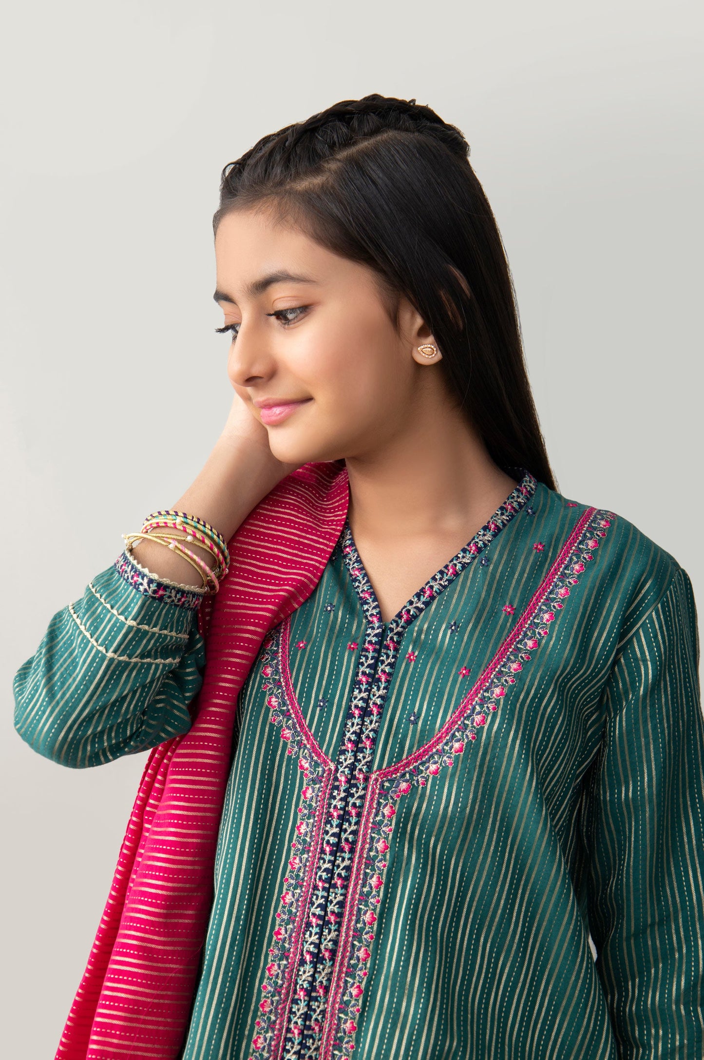 Stitched 2 Piece Embroidered Zari Stripe Junior Suit
