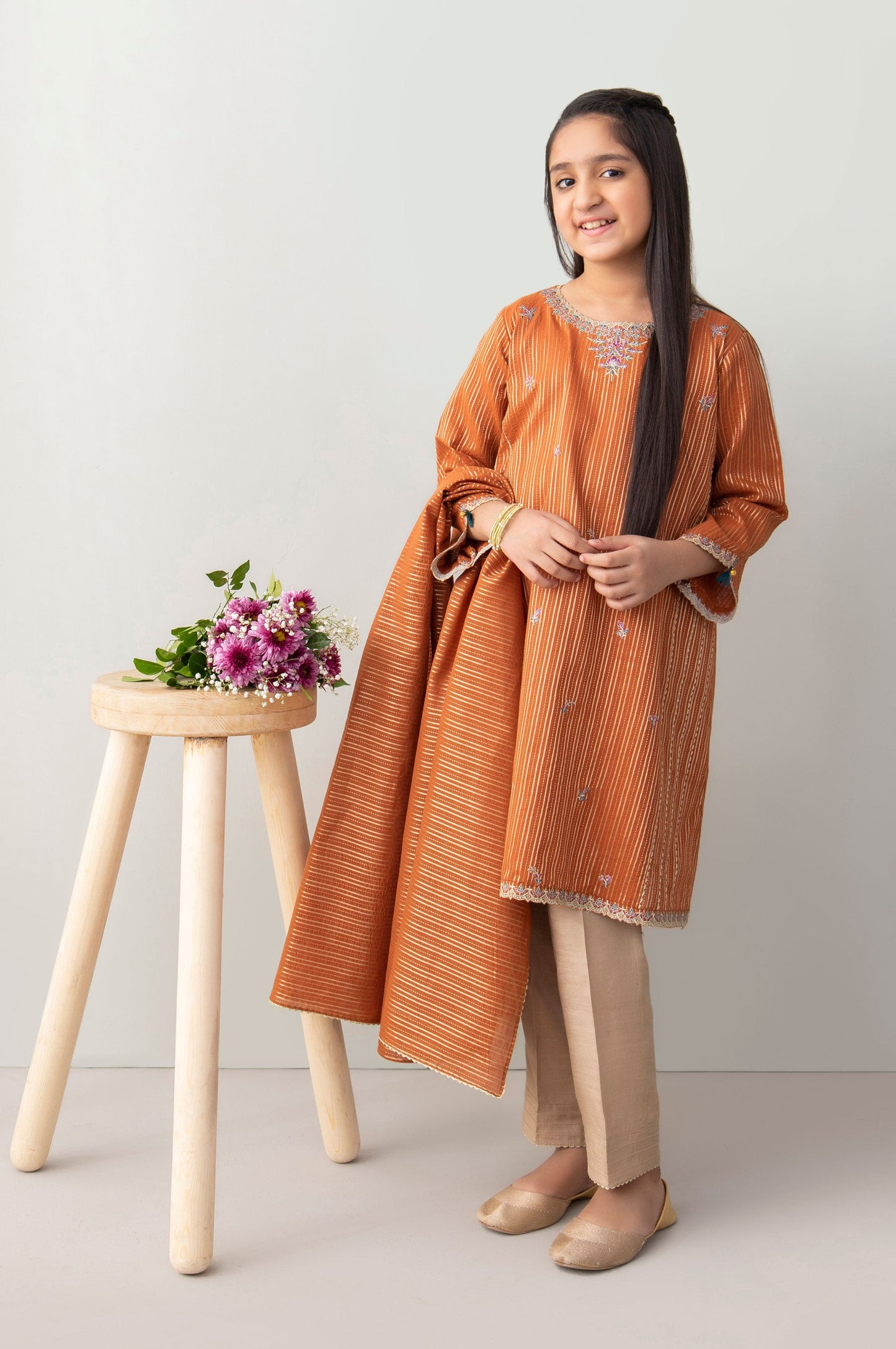 Stitched 2 Piece Embroidered Zari Stripe Junior Suit