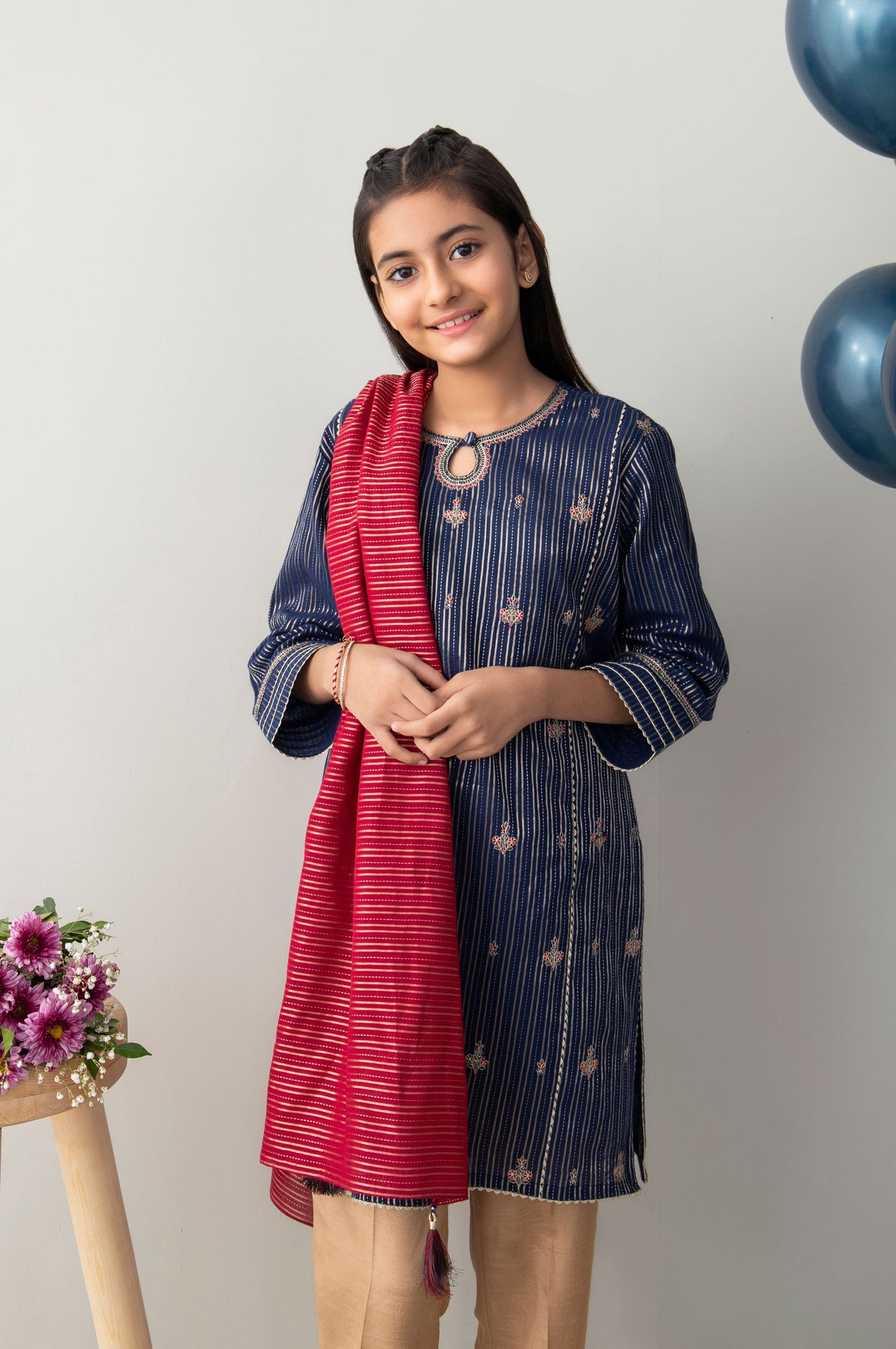 Stitched 2 Piece Embroidered Zari Stripe Junior Suit