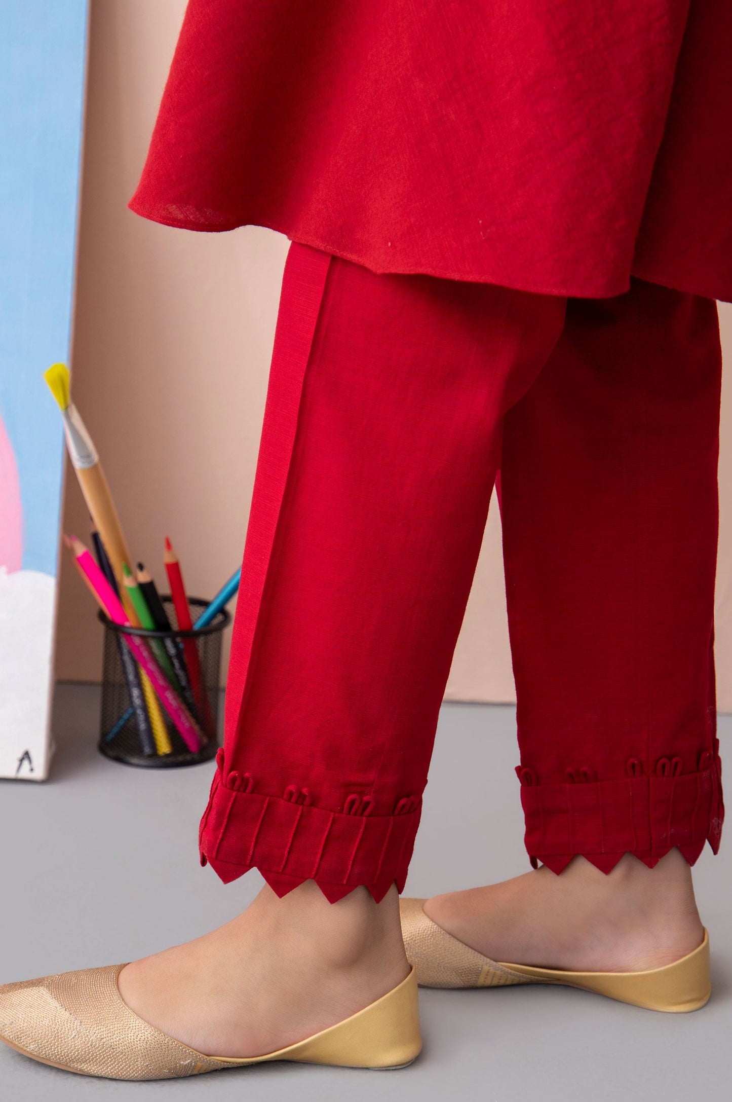 Embellished Khaddar Junior Pant - Cranberry Red