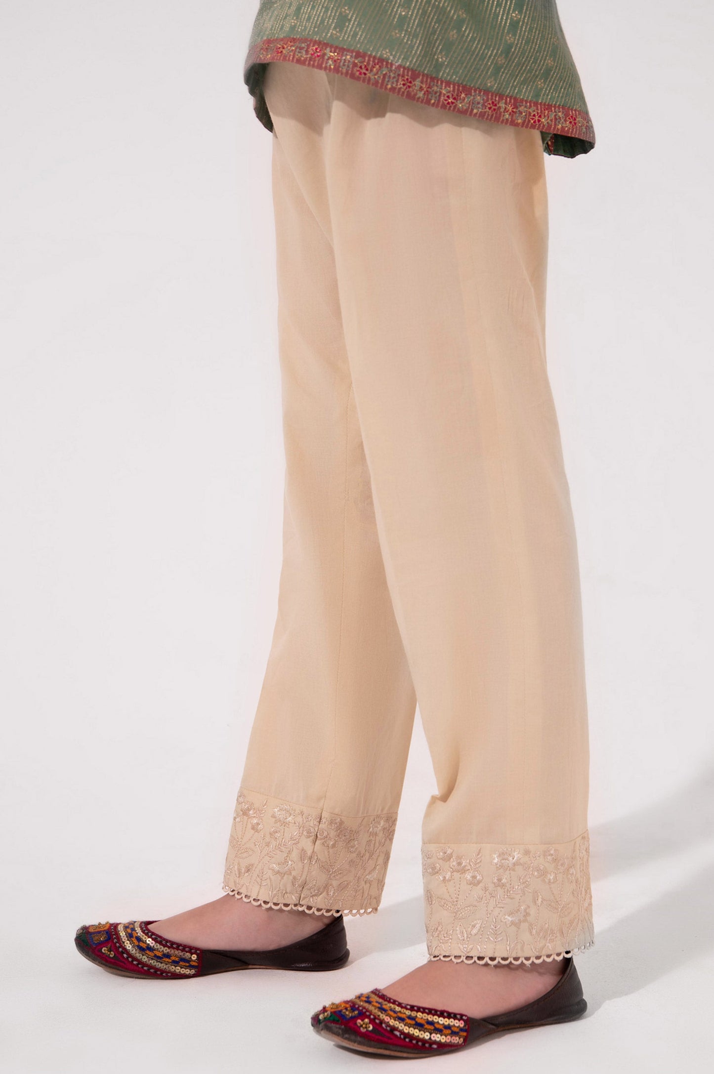 Embroidered Cigarette Pants  - Beige