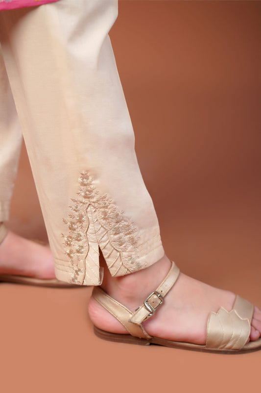 Embroidered Cambric Cigerrette Junior Pants  - Beige