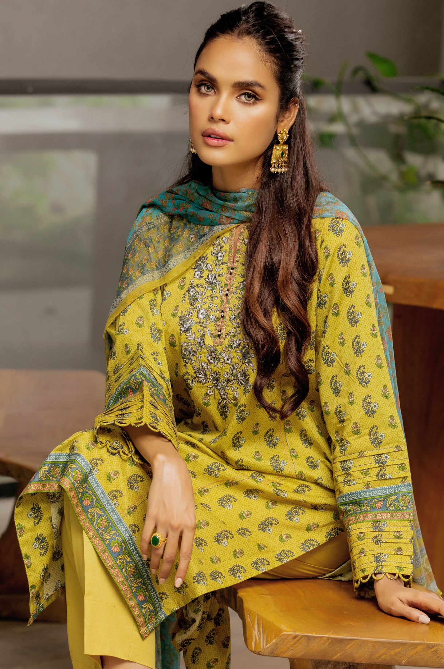 Stitched 3 Piece Embroidered Lawn with chiffon Dupatta