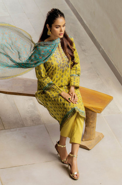 Stitched 3 Piece Embroidered Lawn with chiffon Dupatta