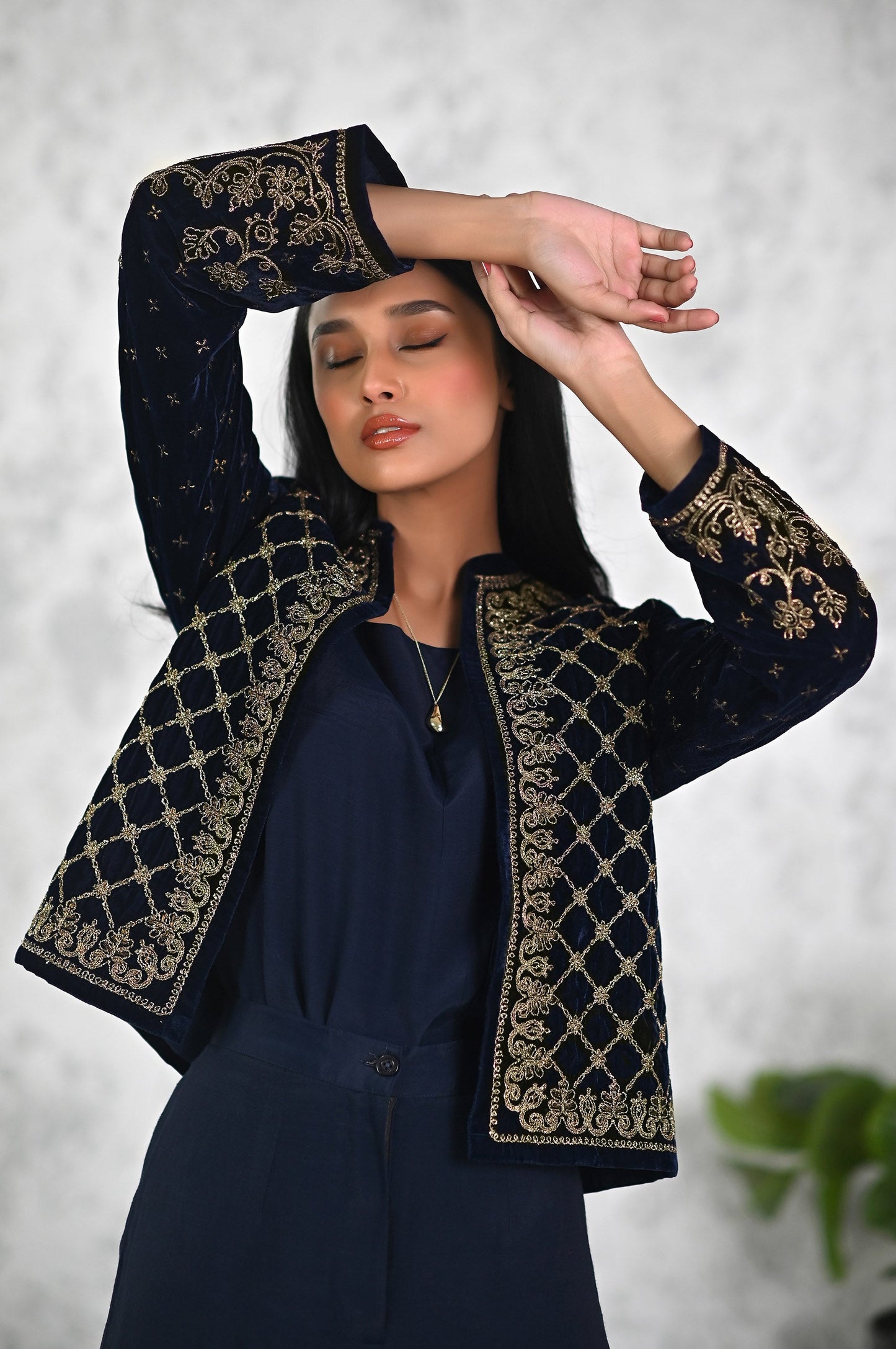 Stitched 1 Piece Embroidered Short Velvet Jacket