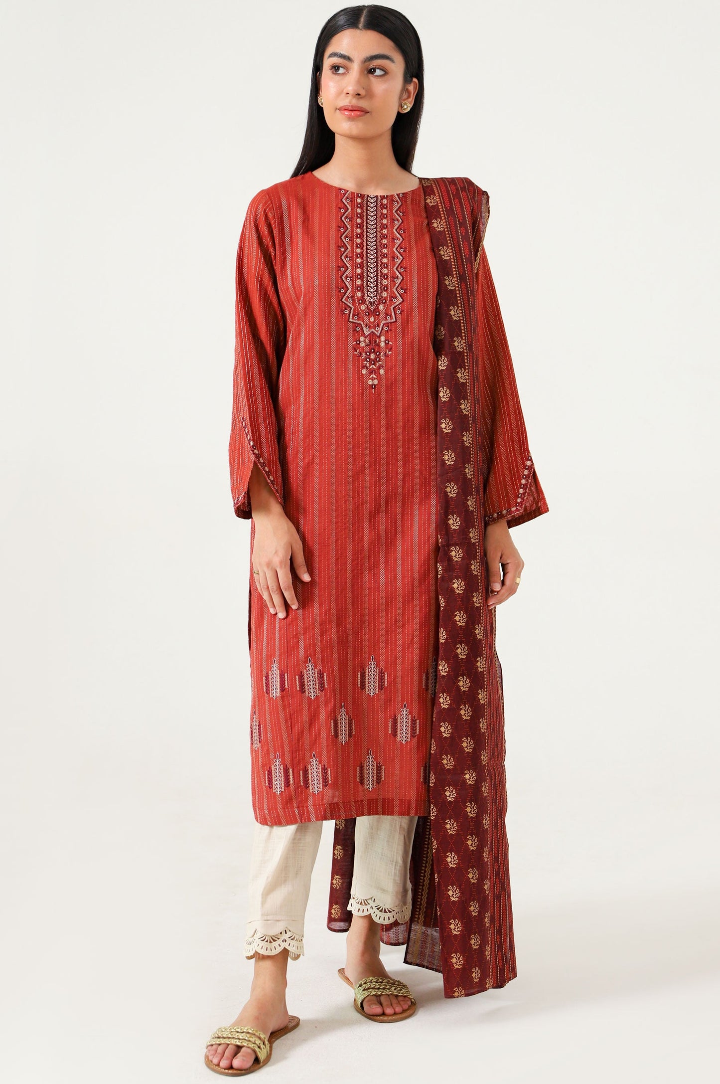 Stitched 2 Piece Embroidered Zari Line & Screen Print Dupatta