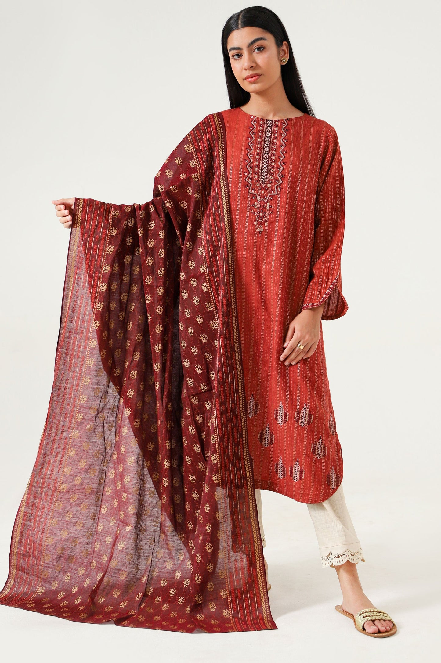Stitched 2 Piece Embroidered Zari Line & Screen Print Dupatta