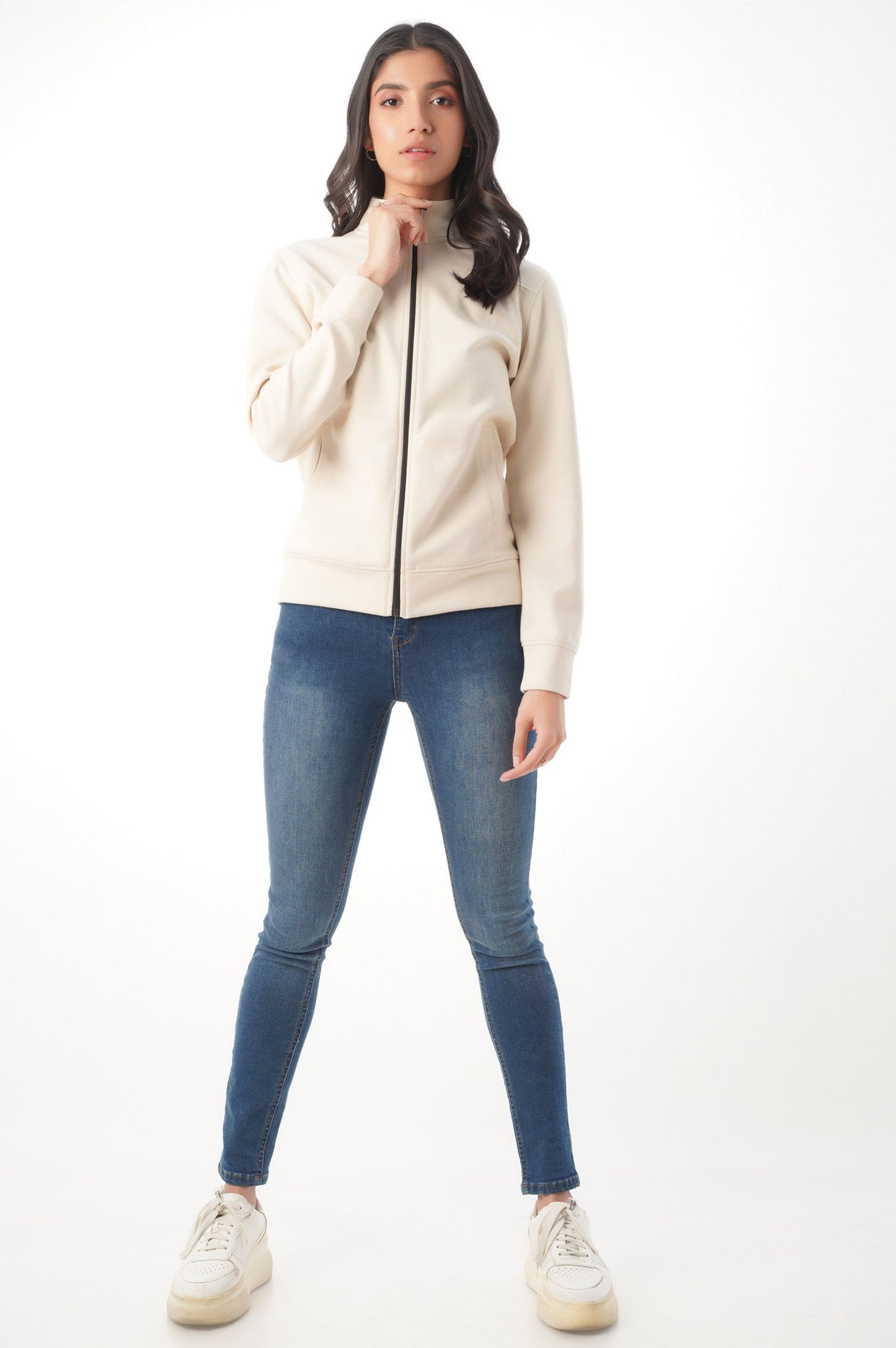 Mock Neck Jacket-Textured Interlock - Cream