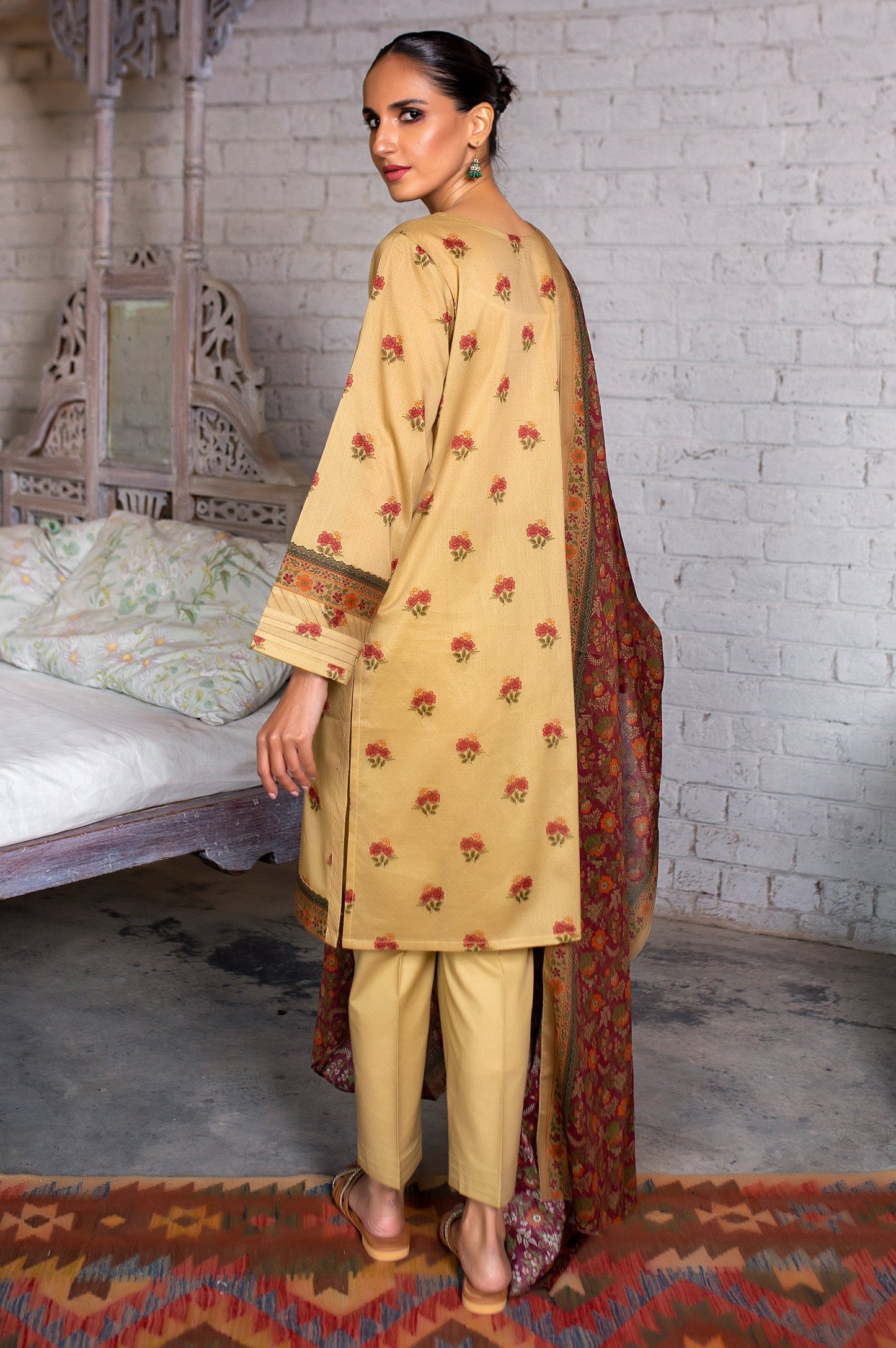 Stitched 3 Piece Embroidered Slub Lawn Suit with Printed Lawn Dupatta