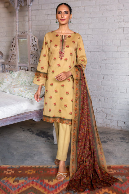 Stitched 3 Piece Embroidered Slub Lawn Suit with Printed Lawn Dupatta