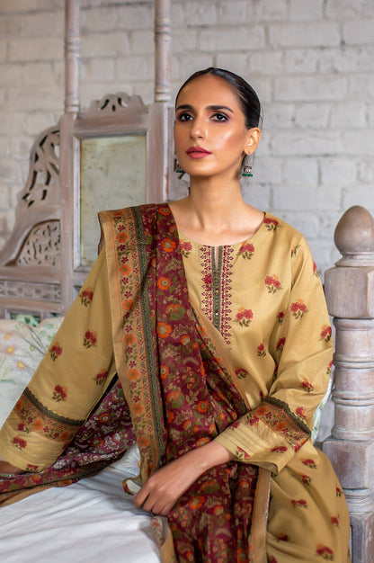 Stitched 3 Piece Embroidered Slub Lawn Suit with Printed Lawn Dupatta