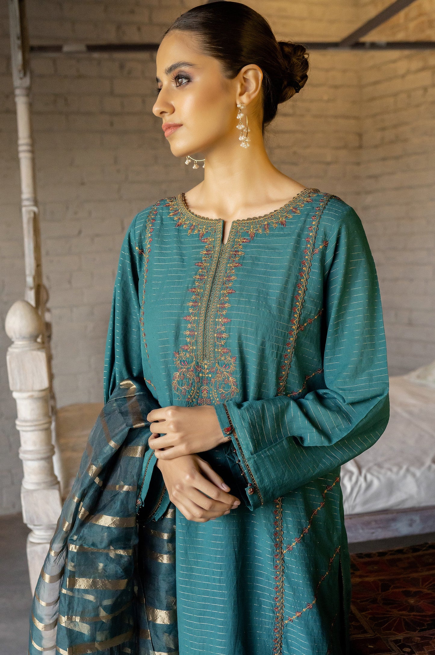 Stitched 3 Piece Embroidered Maysuri Suit with Organza Dupatta