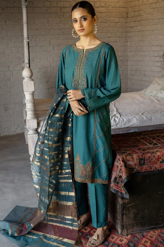 Stitched 3 Piece Embroidered Maysuri Suit with Organza Dupatta