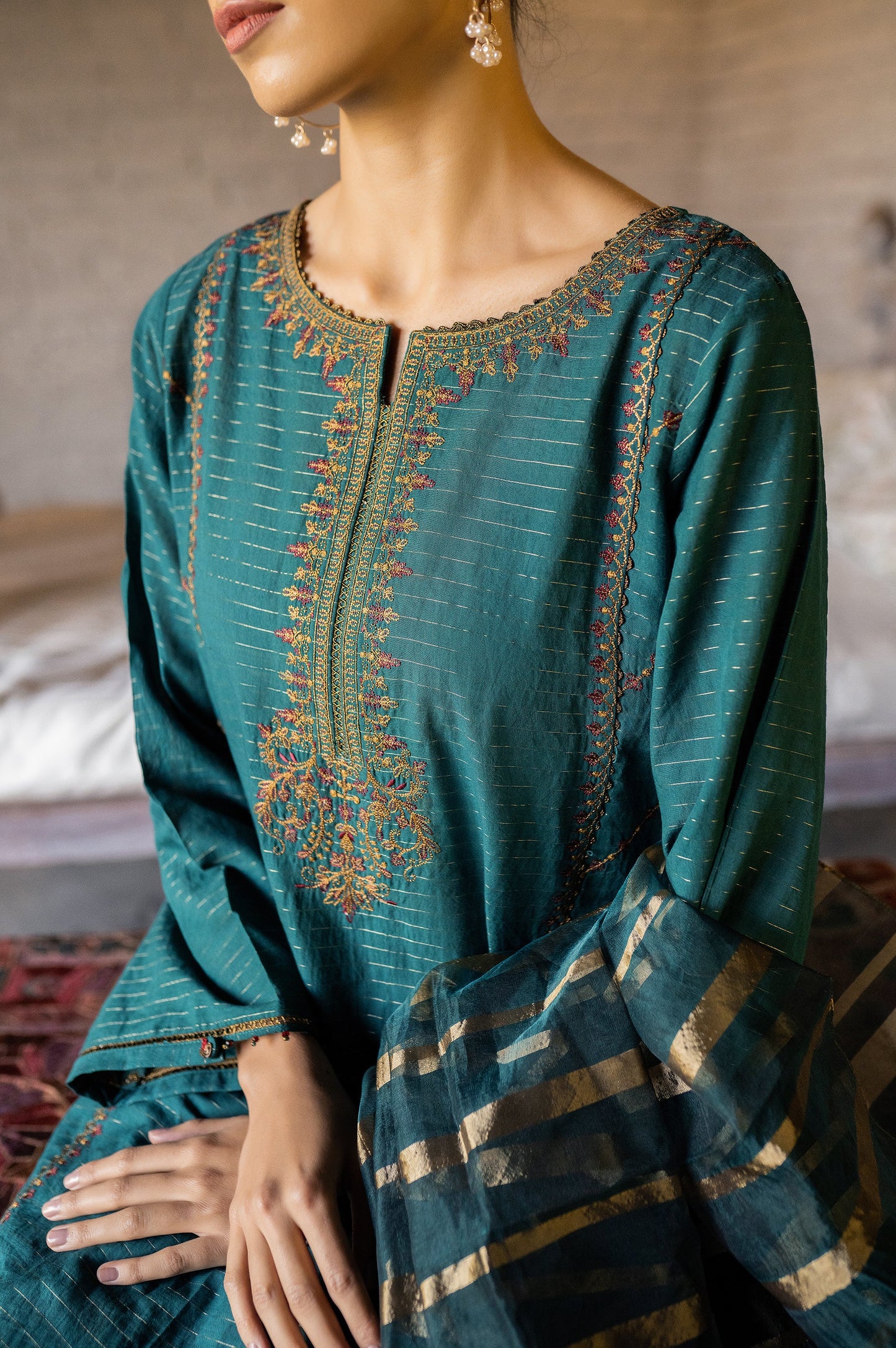 Stitched 3 Piece Embroidered Maysuri Suit with Organza Dupatta