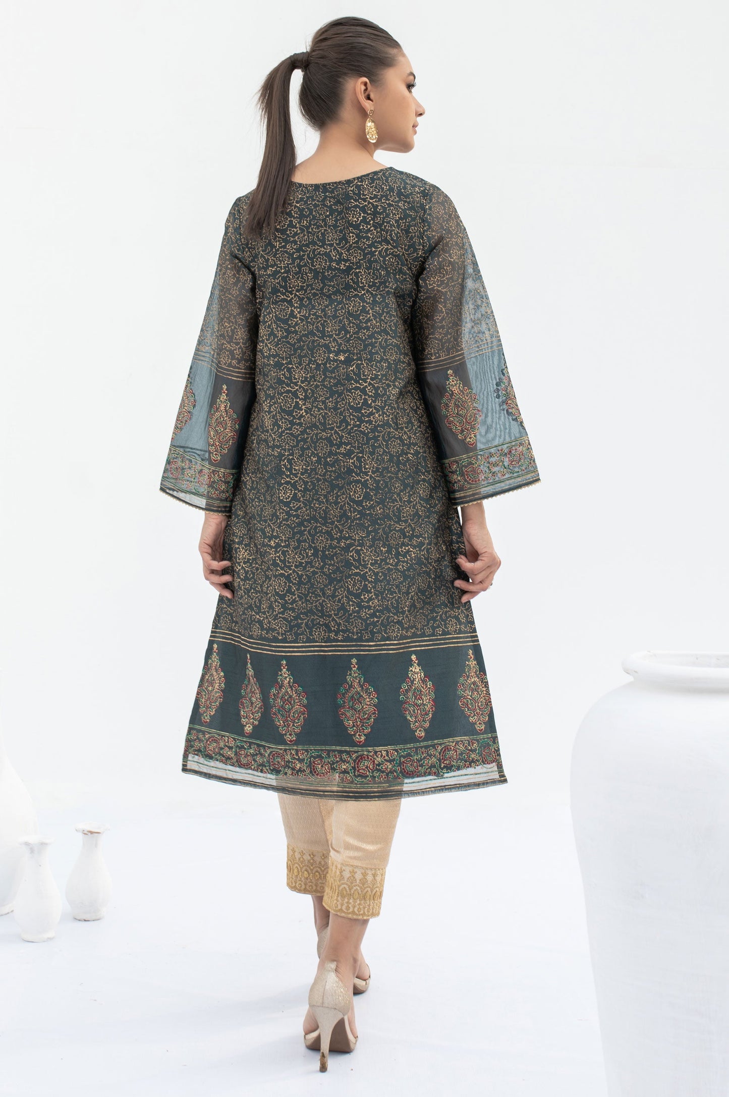 Stitched 1 Piece Embellished Block Print Organza Shirt