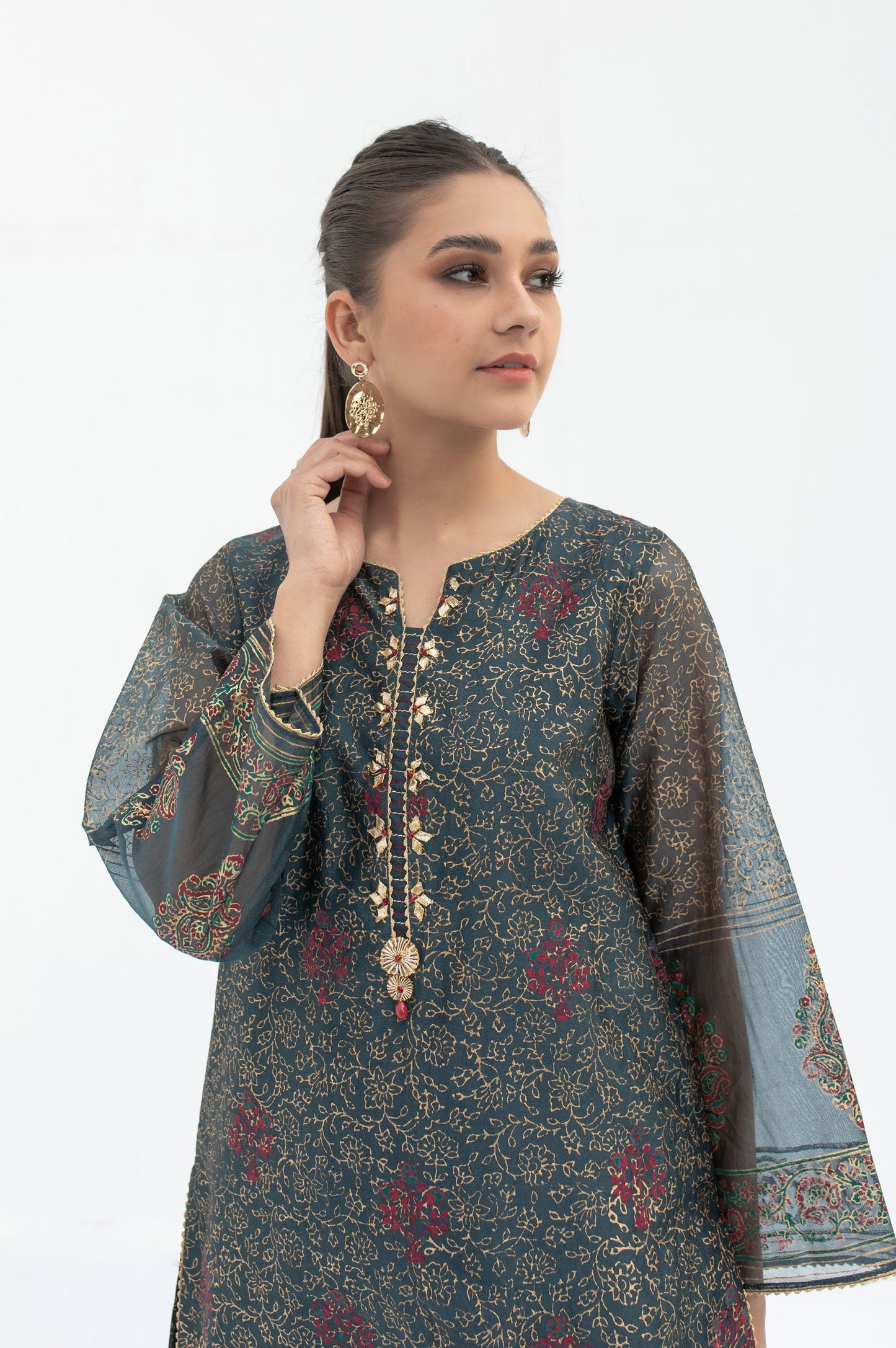 Stitched 1 Piece Embellished Block Print Organza Shirt