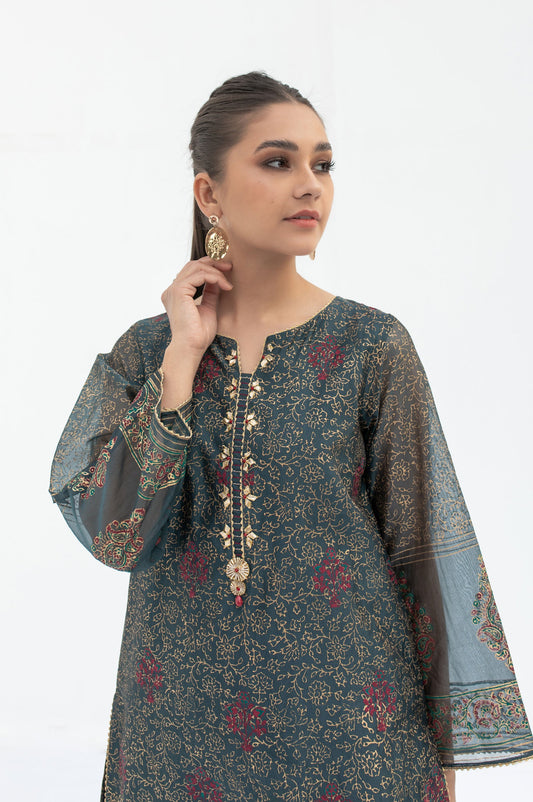 Stitched 1 Piece Embellished Block Print Organza Shirt