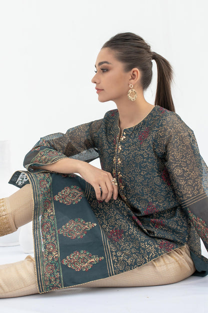 Stitched 1 Piece Embellished Block Print Organza Shirt