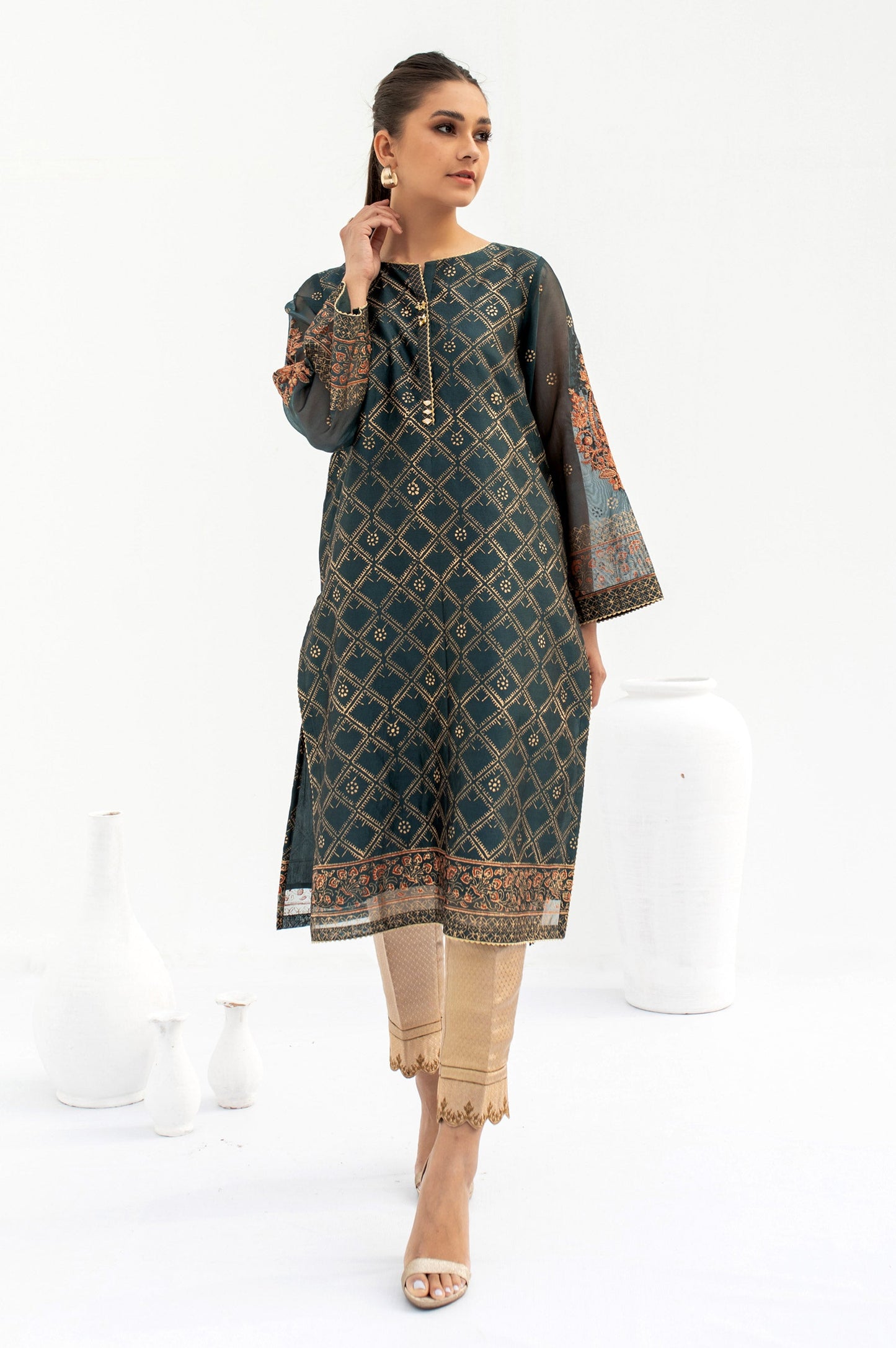 Stitched 1 Piece Block Printed Organza Shirt