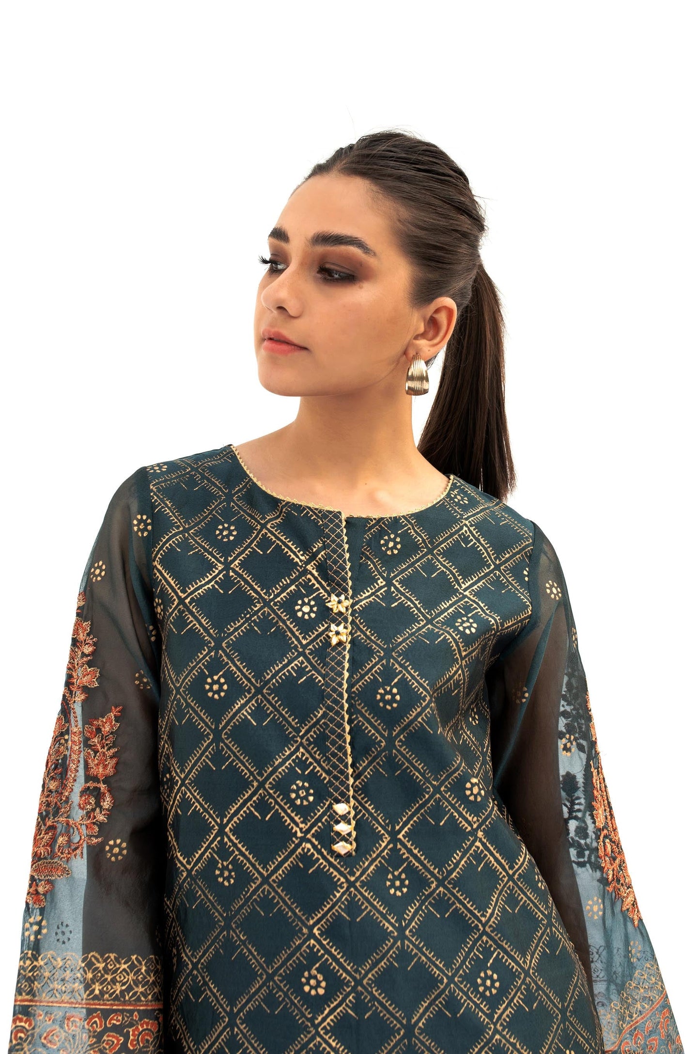 Stitched 1 Piece Block Printed Organza Shirt