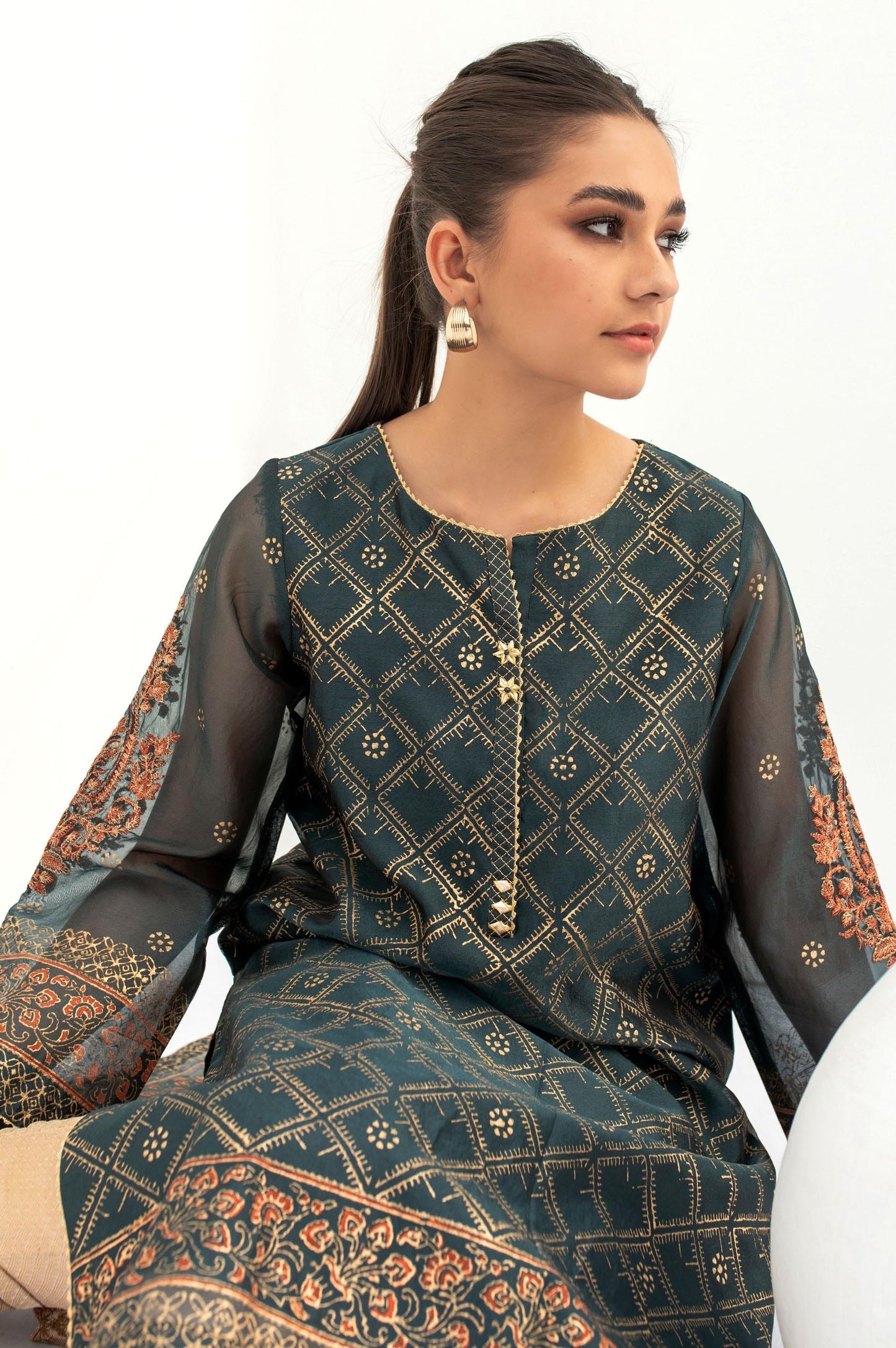 Stitched 1 Piece Block Printed Organza Shirt