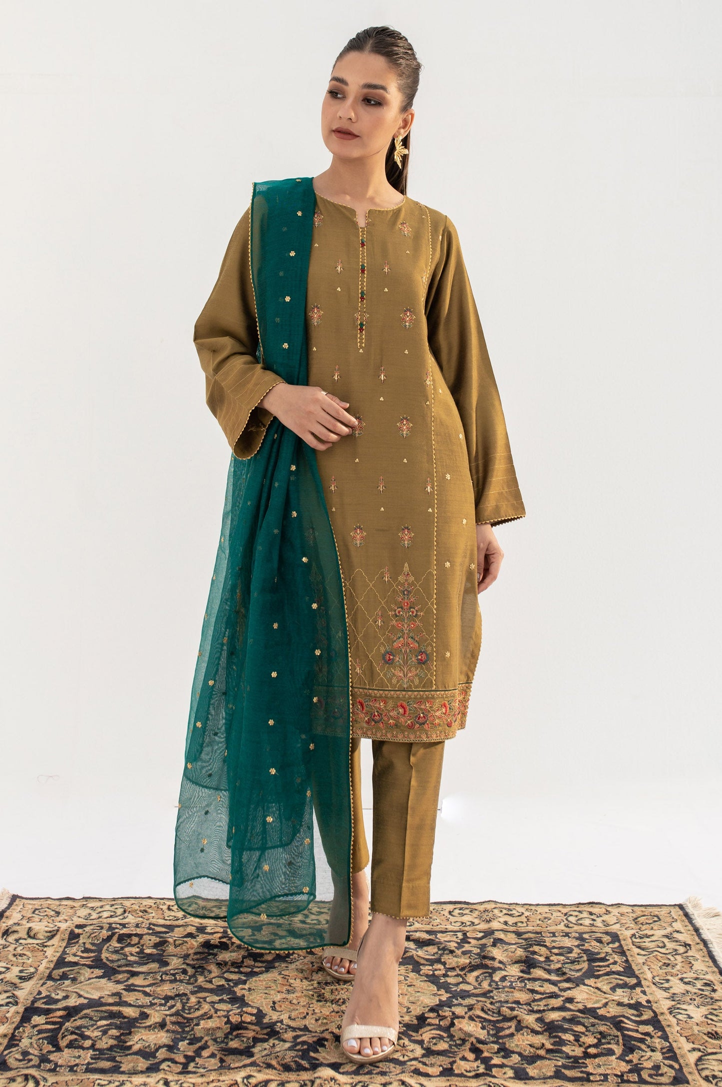 Stitched 2 Piece Embroidered Cotton Silk Suit