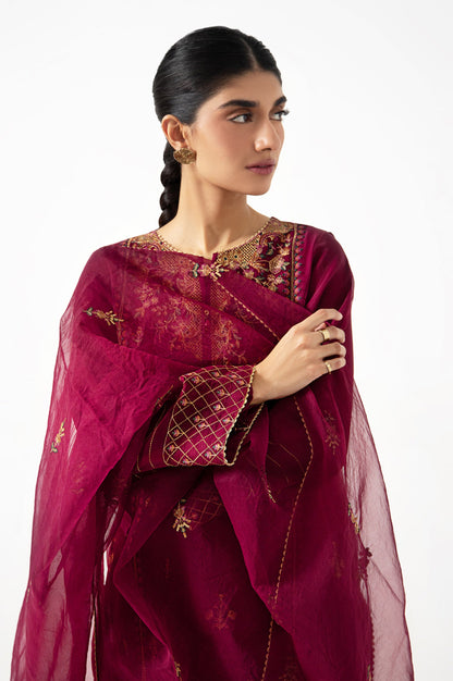 Stitched 3 Pieces Organza Embroidered Suit.