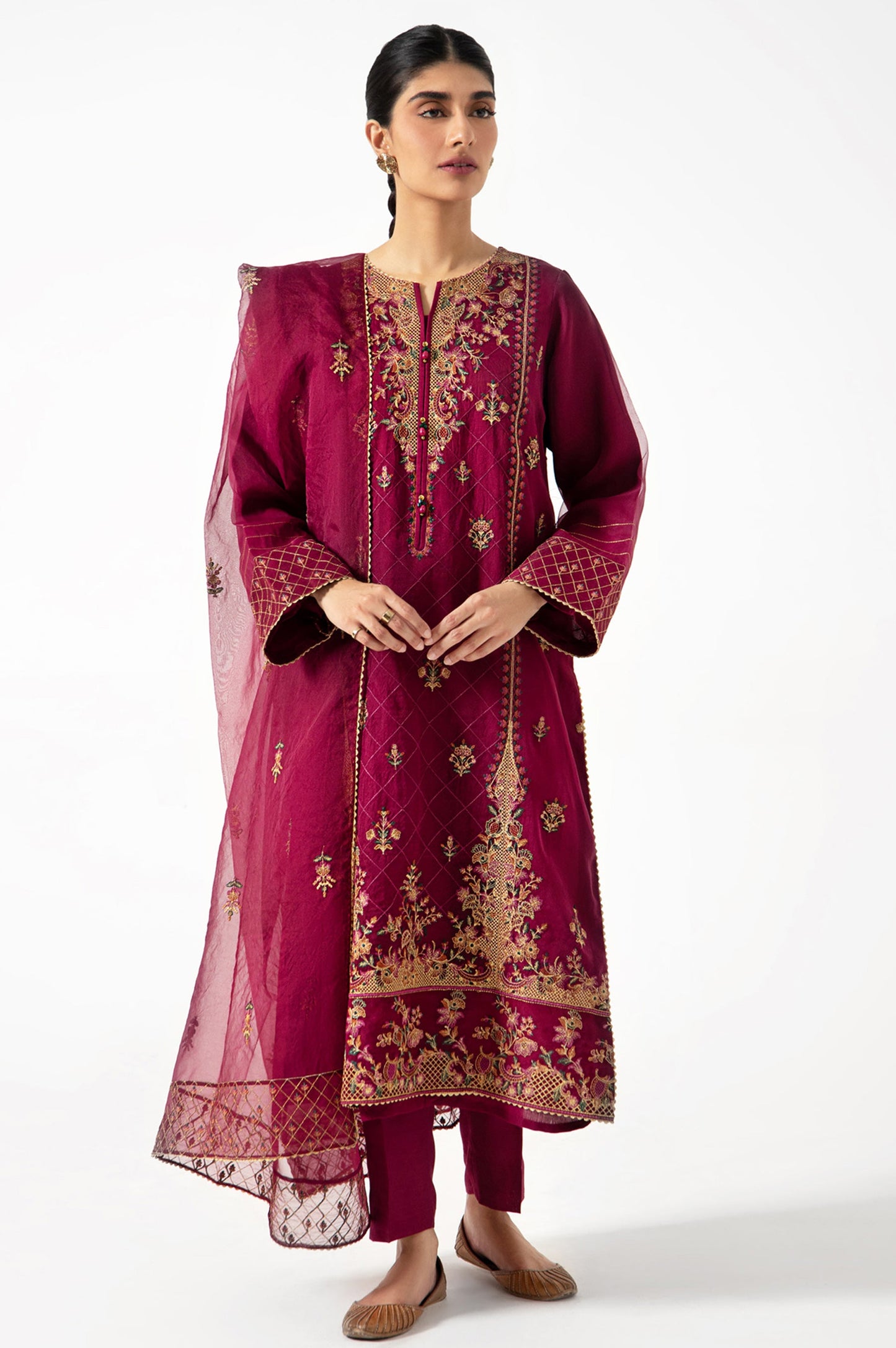 Stitched 3 Pieces Organza Embroidered Suit.